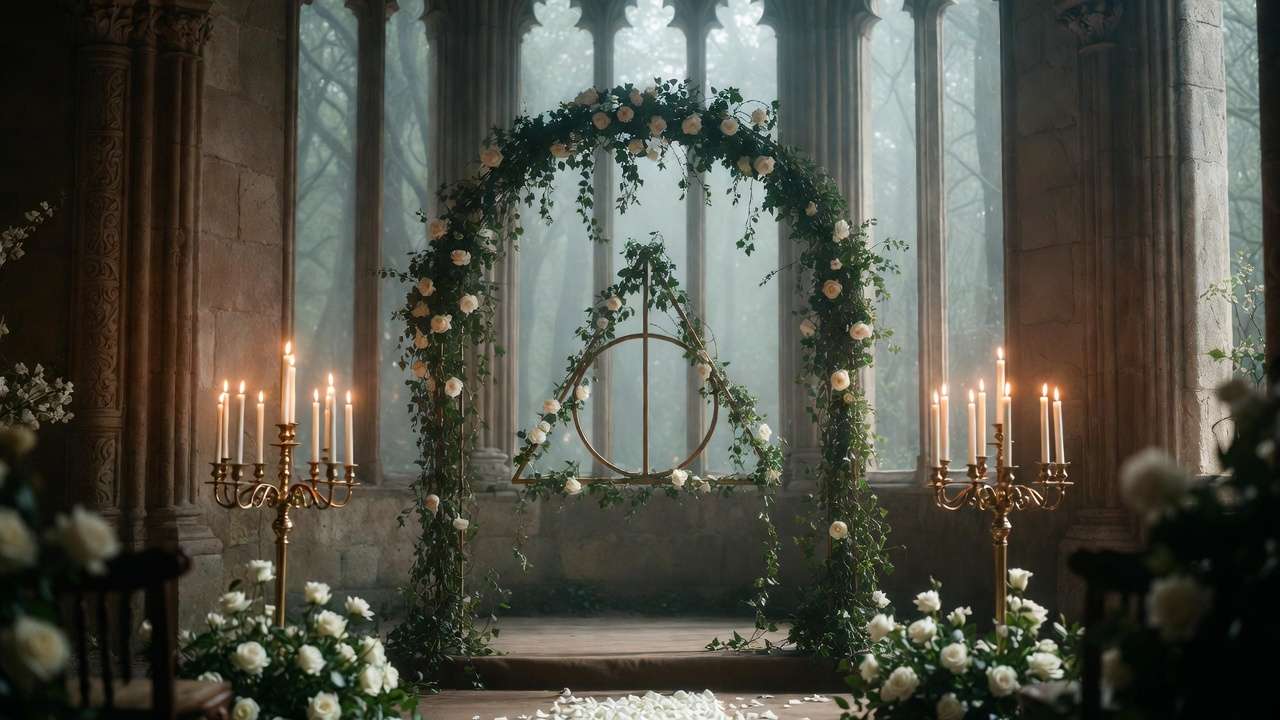 Harry Potter themed wedding ceremony arch with Deathly Hallows floral design and candlelit ambiance