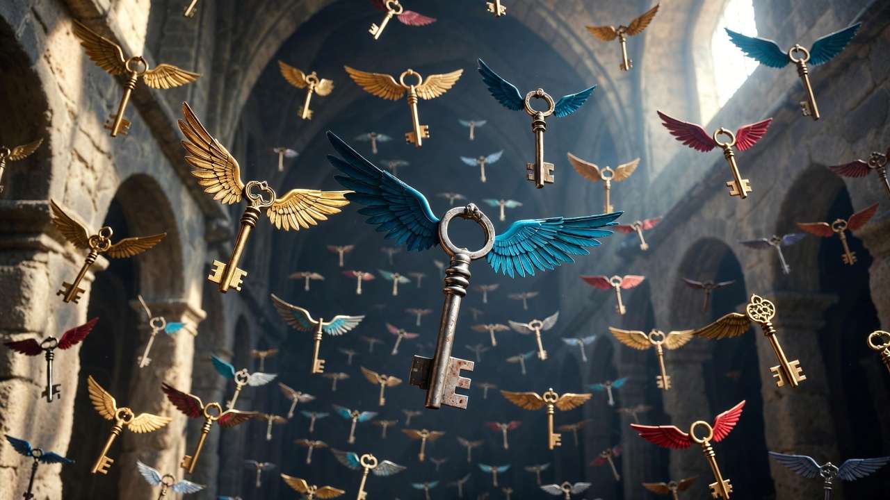 Close-up view of the enchanted winged keys swarm in the Hogwarts chamber, featuring the damaged blue-winged silver key from Harry Potter and the Philosopher's Stone