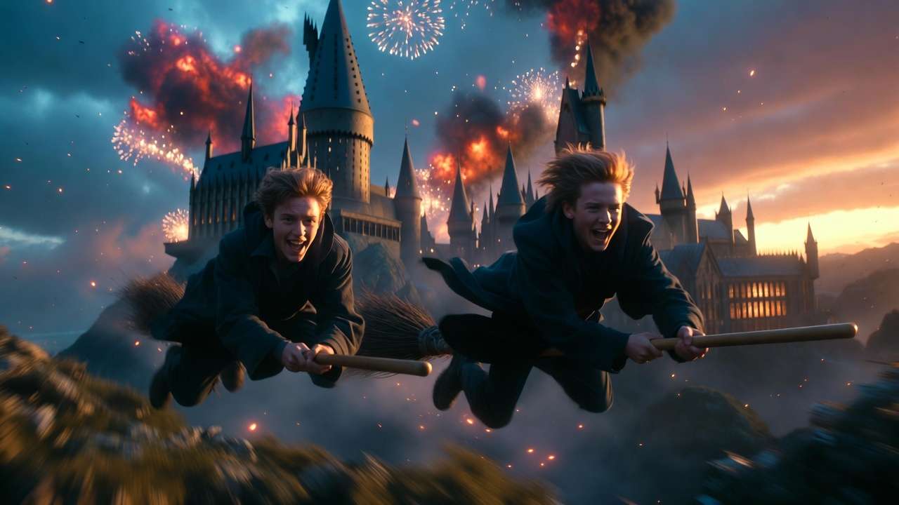 Fred and George Weasley fireworks exit from Hogwarts funny rebellious moment Harry Potter