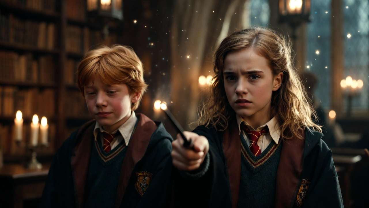 Hermione Granger correcting Ron on Leviosa spell in Harry Potter Sorcerer's Stone funny classroom scene