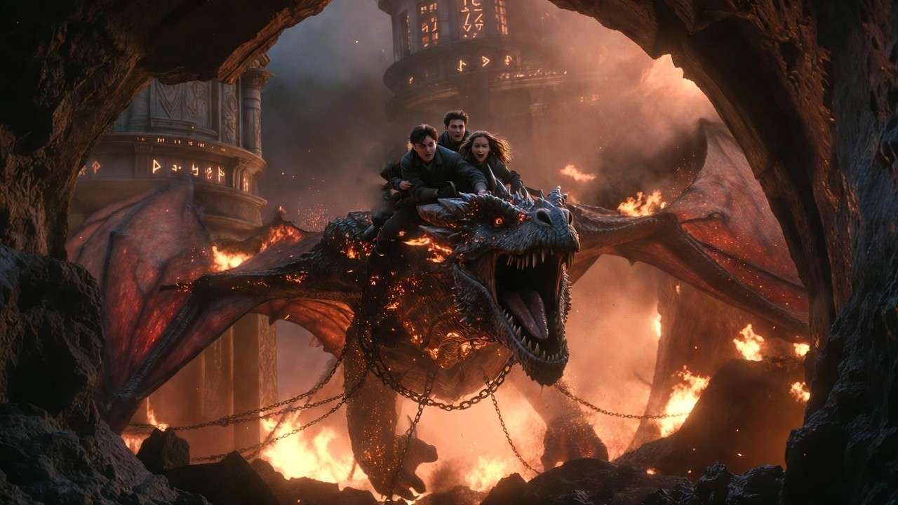 Harry, Ron, and Hermione escaping Gringotts on dragonback during the heist in Deathly Hallows