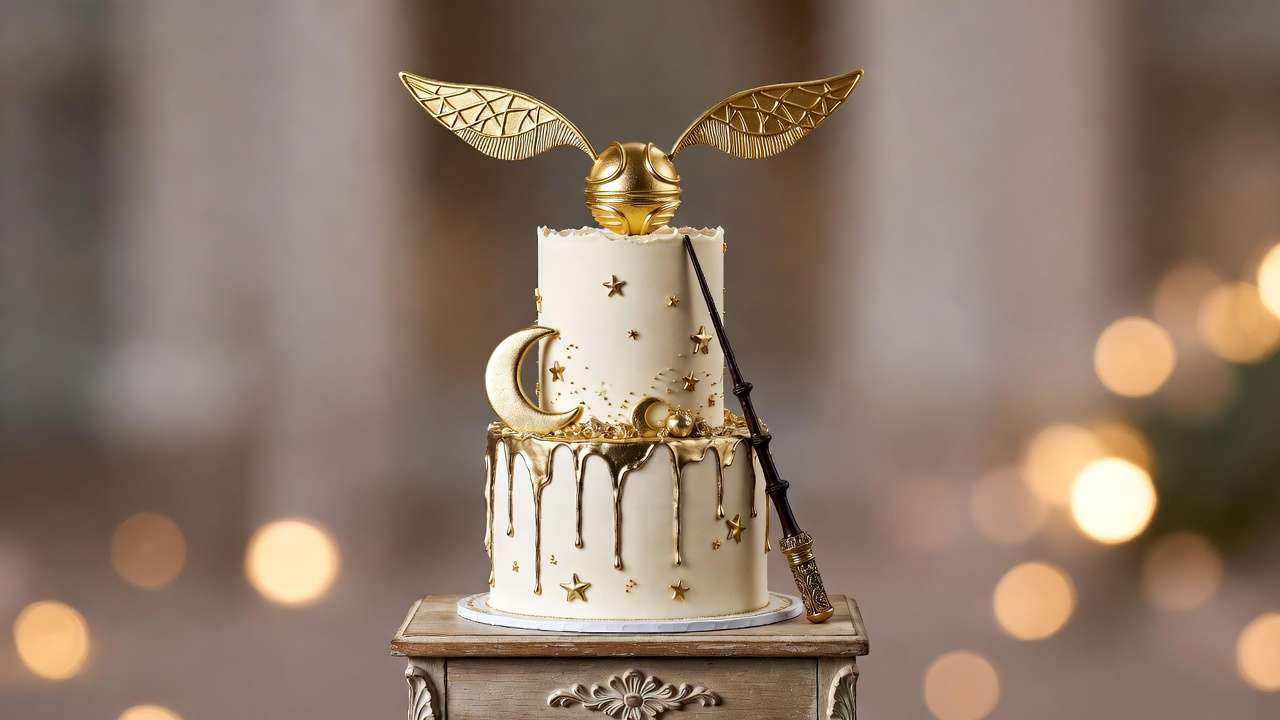Sophisticated Harry Potter inspired wedding cake with golden snitch topper and elegant gold accents
