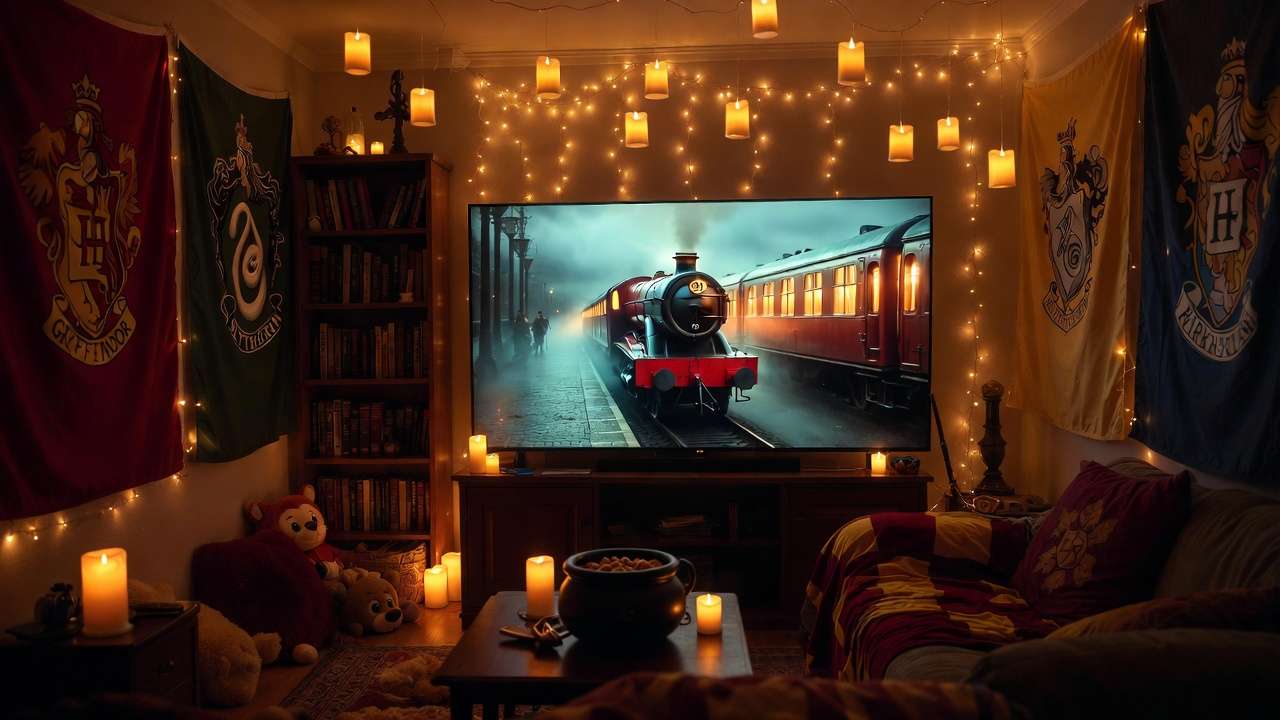 Cozy Harry Potter marathon room setup with Hogwarts house banners, fairy lights, floating candles, and Hogwarts Express on large TV screen