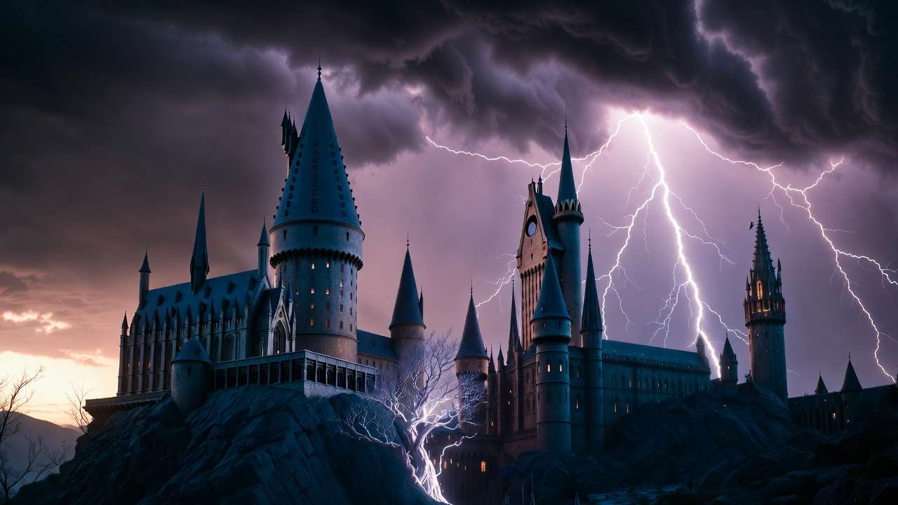 Epic stormy view of Hogwarts castle and Whomping Willow highlighting hidden details in Harry Potter films