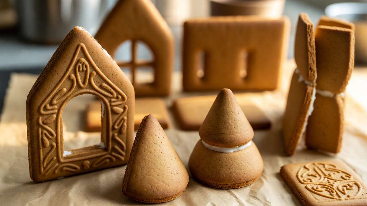 Freshly cut Harry Potter gingerbread house pieces with Hogwarts and Burrow details ready for baking