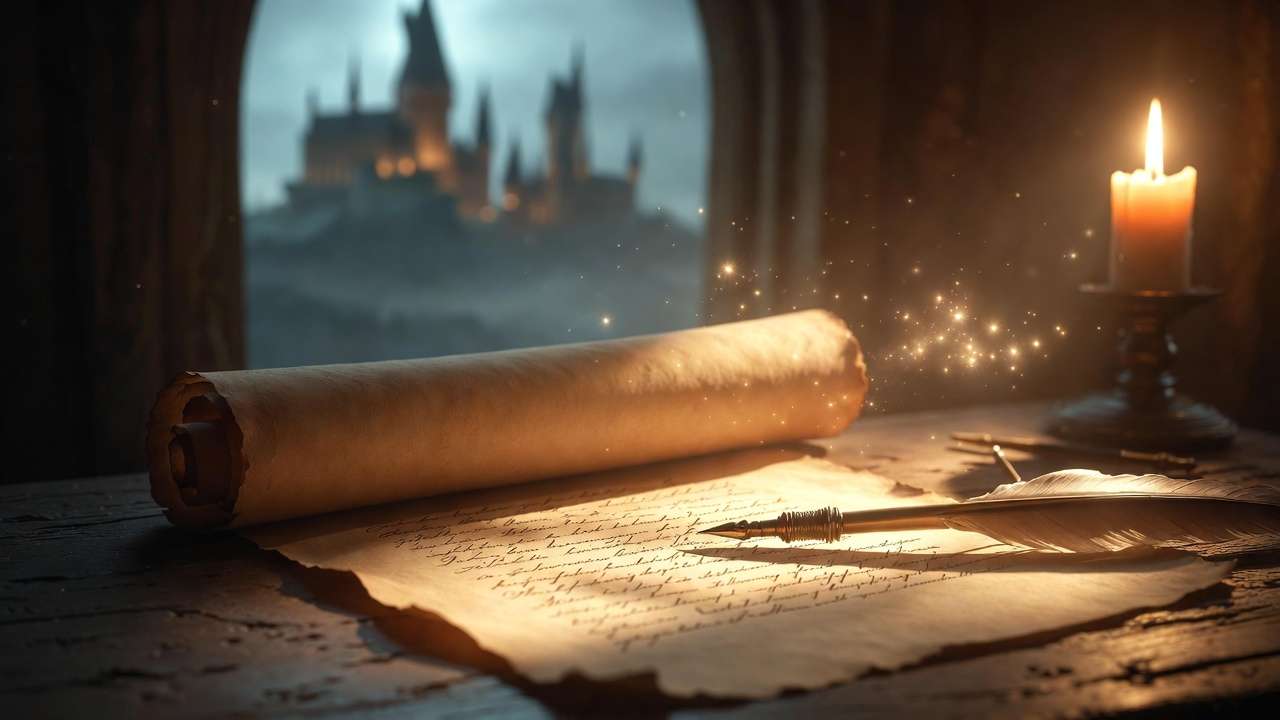 Close-up of magical parchment scroll with handwritten Harry Potter script lines and quill pen in candlelight