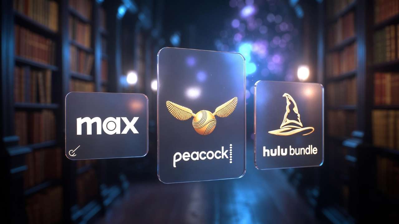 Visual comparison of streaming platforms for Harry Potter movies including Max, Peacock, and Hulu bundle