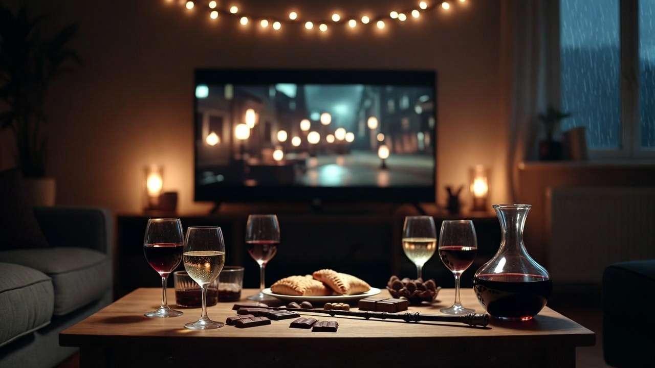 Cozy Harry Potter movie marathon setup with themed wine glasses, snacks, and fairy lights on a rainy evening