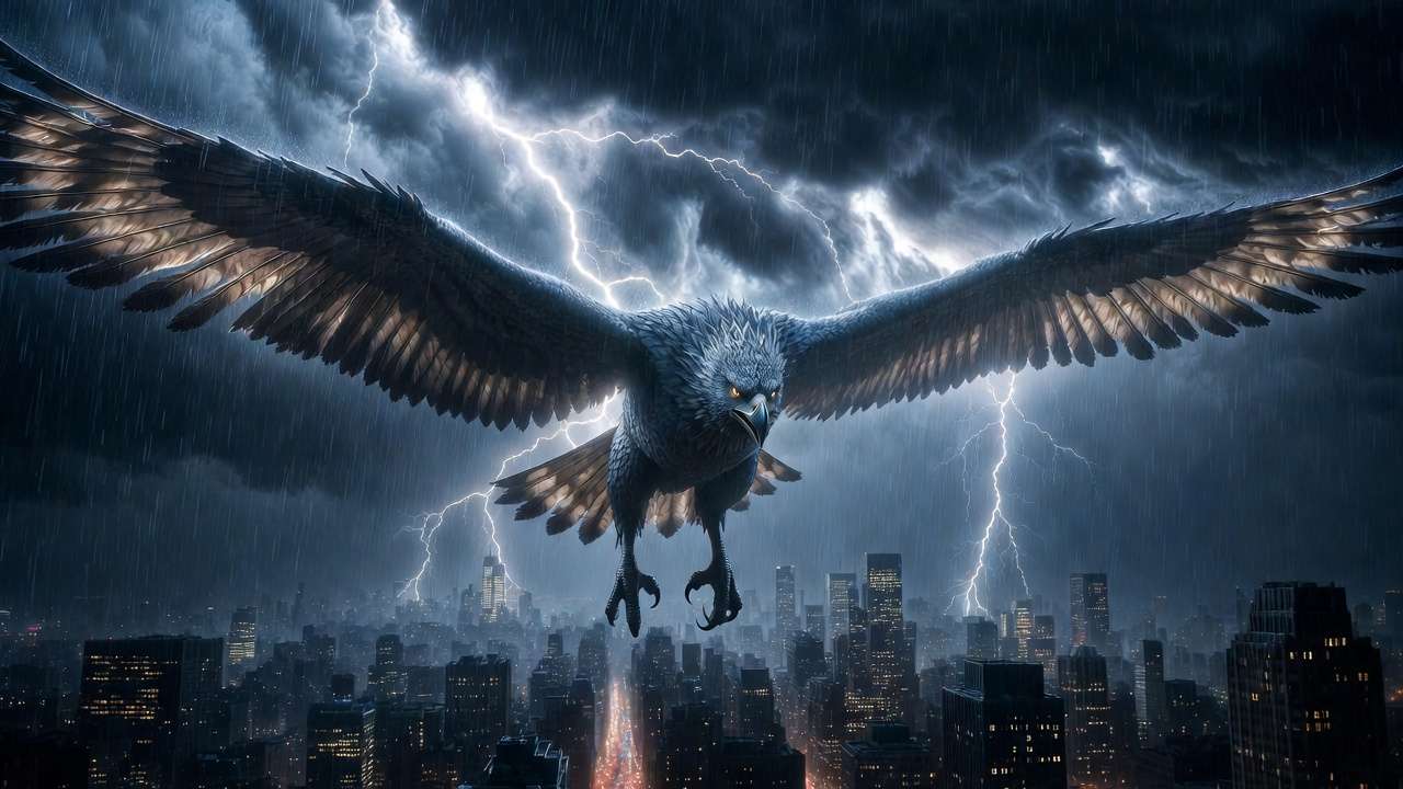Frank the Thunderbird creating thunderstorm over New York in Fantastic Beasts movie