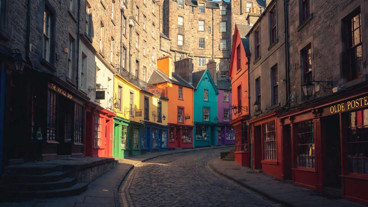 Victoria Street Edinburgh curved colorful buildings evoking Diagon Alley in Harry Potter