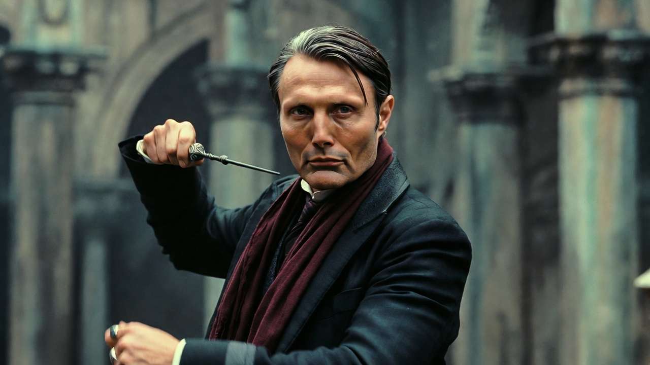 Mads Mikkelsen as Gellert Grindelwald in Fantastic Beasts: The Secrets of Dumbledore, showing recast restrained and intense portrayal
