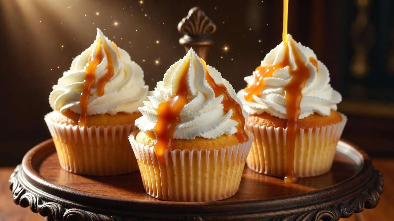 Butterbeer cupcakes with butterscotch drizzle and creamy frosting inspired by Harry Potter