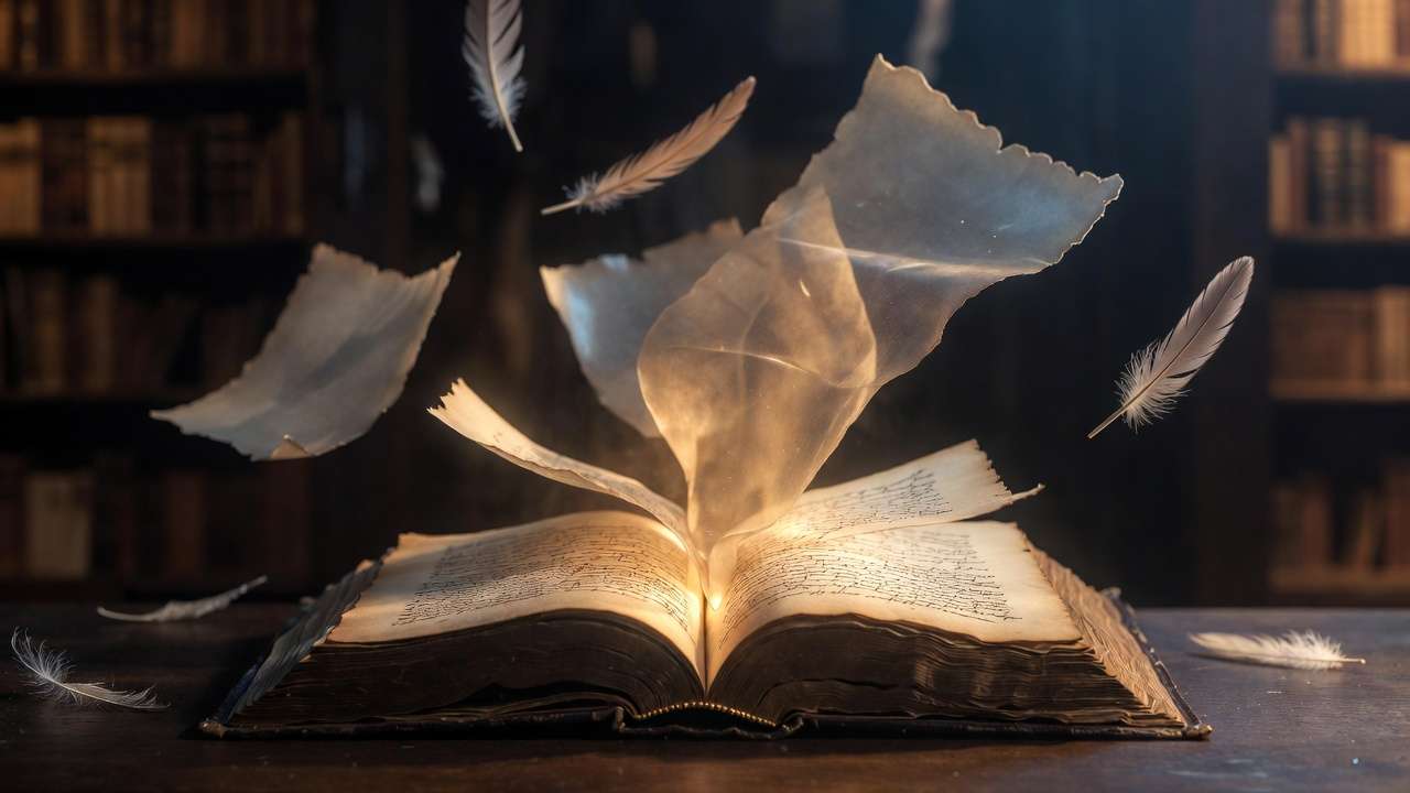 Glowing open book with Harry Potter screenplay pages and floating parchments in magical library setting