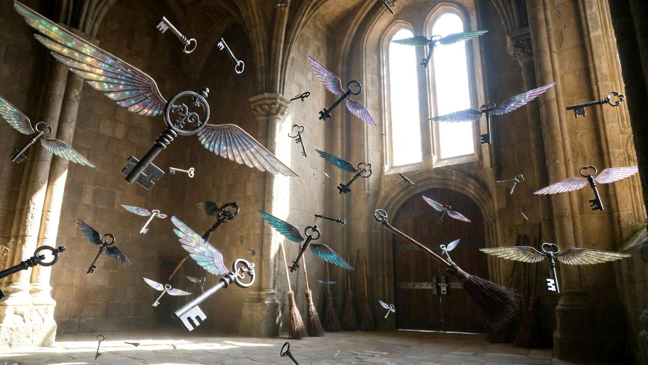 Hogwarts flying keys chamber with scattered winged keys, broomsticks, and the locked door guarding the Philosopher's Stone path