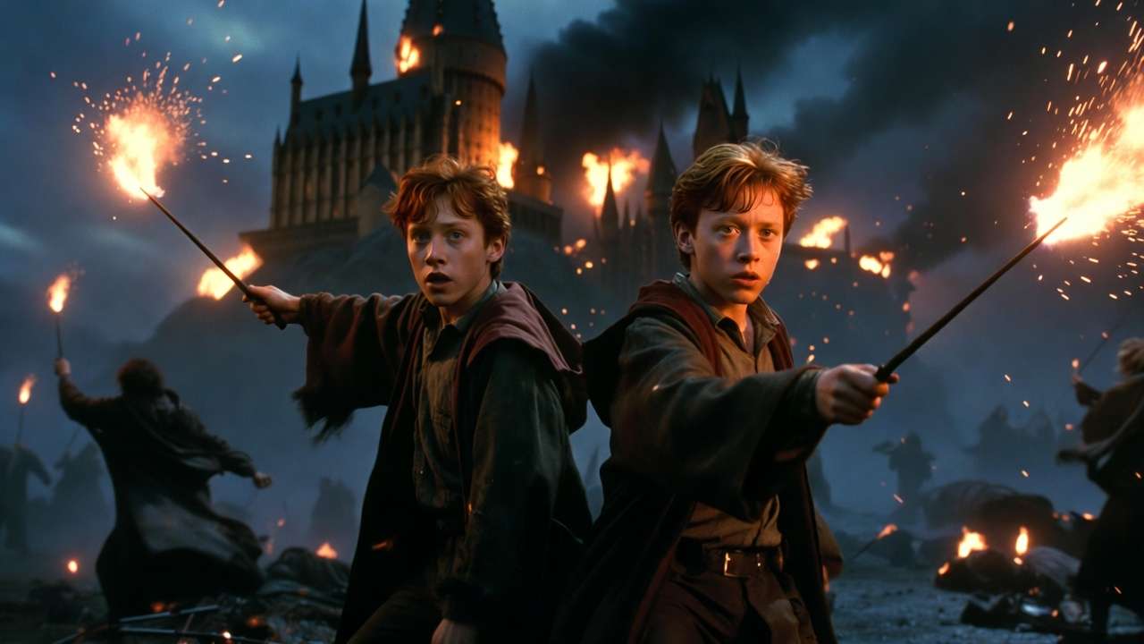 Fred and George Weasley fighting together in the Battle of Hogwarts movie scene