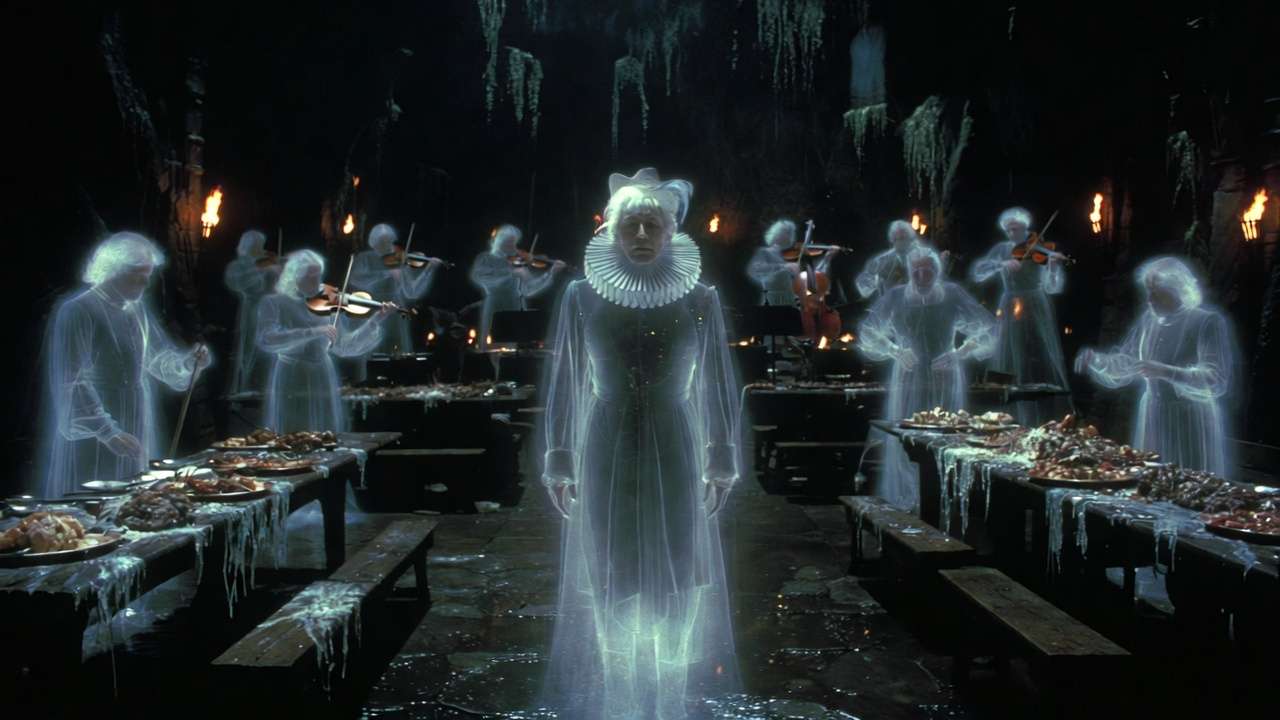 Nearly Headless Nick hosting his 500th Deathday Party in Hogwarts dungeon