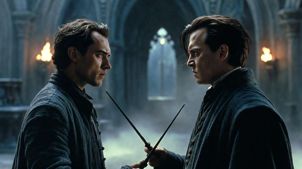 Jude Law as young Dumbledore confronting Johnny Depp as Grindelwald in Fantastic Beasts: The Crimes of Grindelwald tense scene