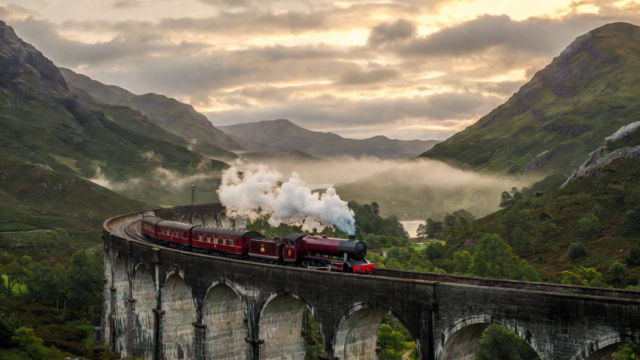 Hogwarts Express crossing Glenfinnan Viaduct misty Scottish highlands iconic Harry Potter scenery.