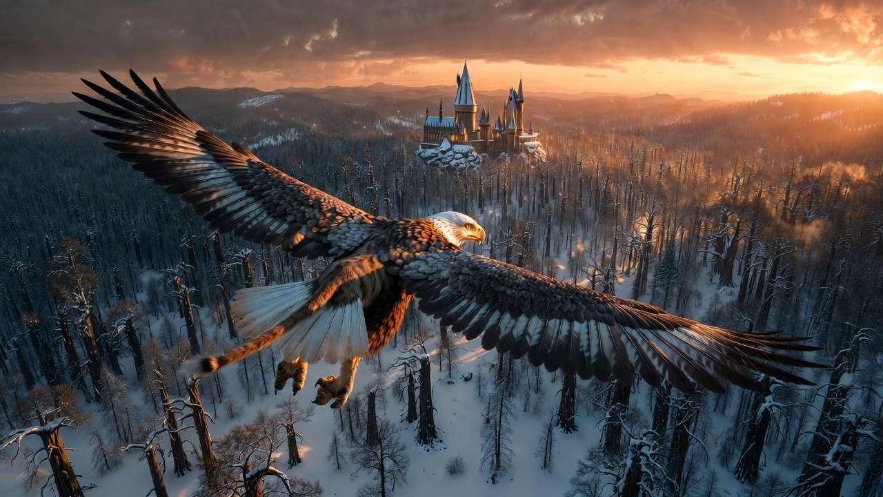 Buckbeak hippogriff flight over Hogwarts in Harry Potter and the Prisoner of Azkaban epic scene