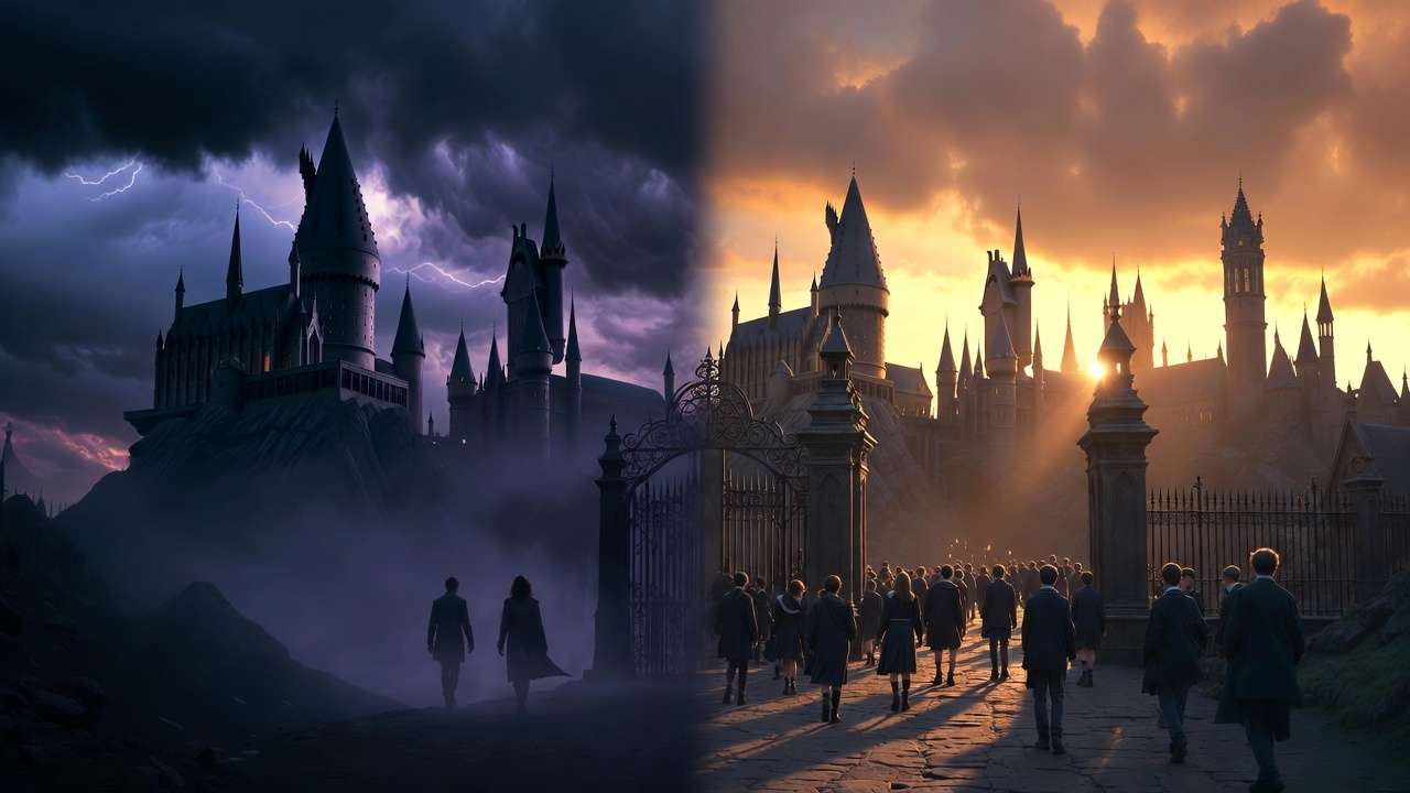 Hogwarts castle split between original Harry Potter films legacy and new TV series reboot in dramatic twilight light