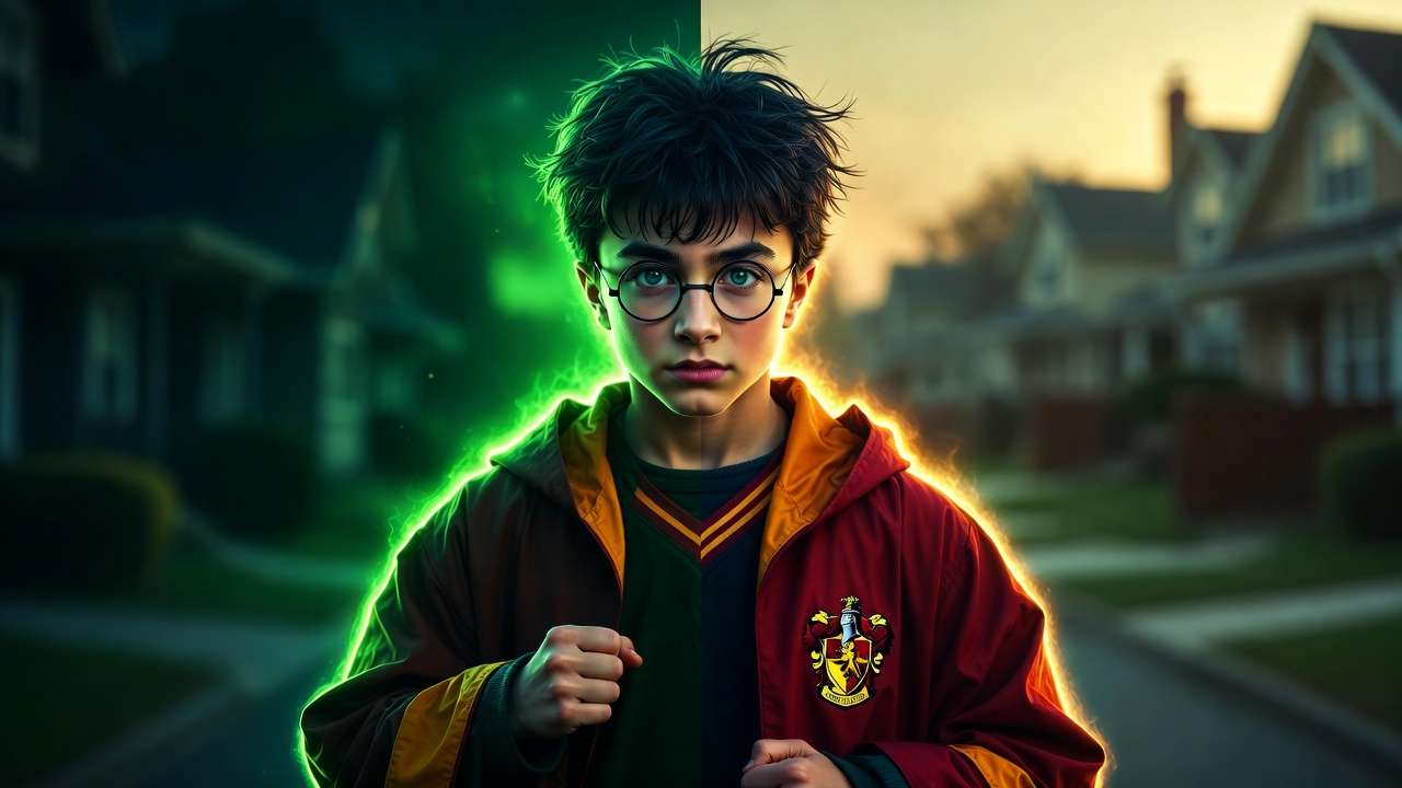 Harry Potter as half-blood wizard with magical and Muggle heritage symbolism