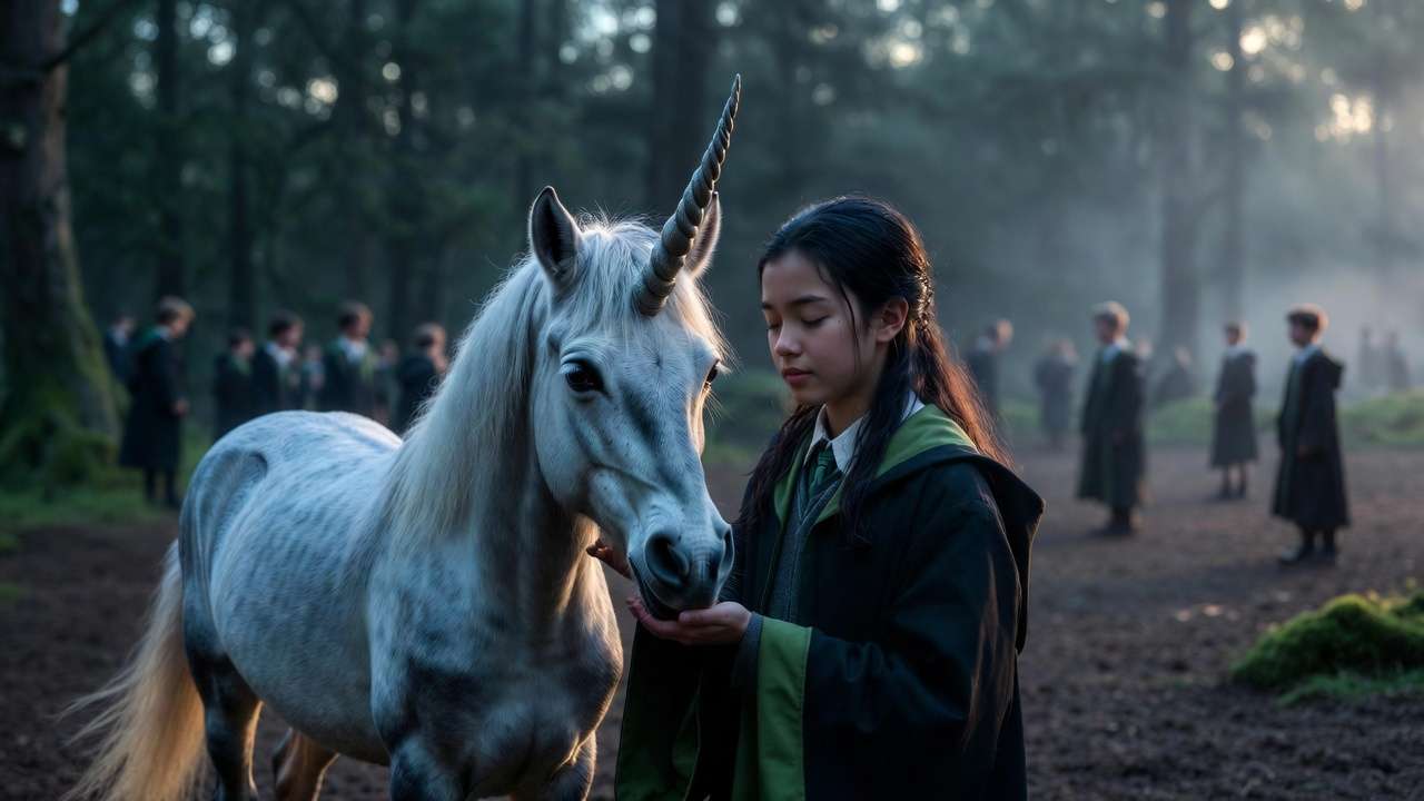 Pansy Parkinson showing rare gentleness with a baby unicorn in Harry Potter