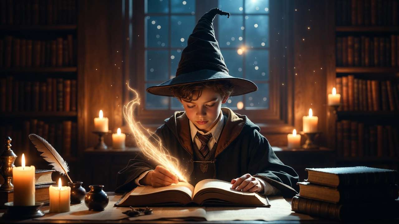 Young wizard studying glowing Harry Potter screenplay pages at candle-lit Hogwarts desk
