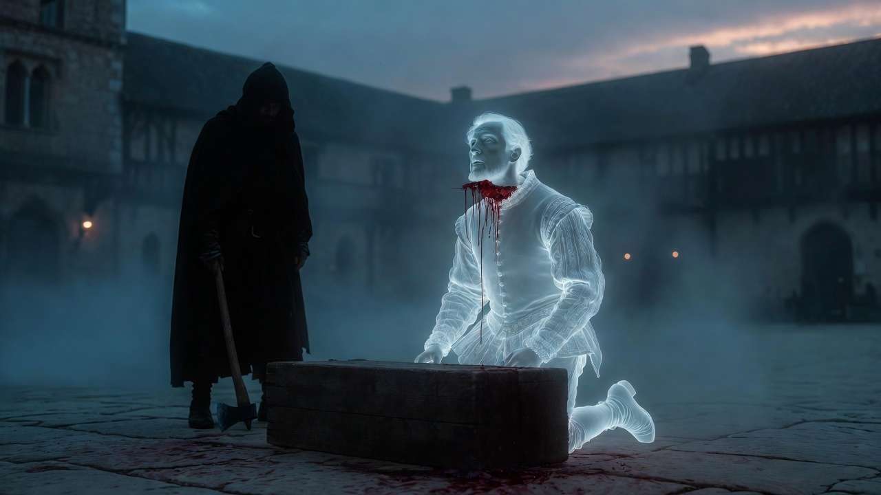 Nearly Headless Nick's botched beheading in 1492, ghostly figure with head dangling after 45 axe blows