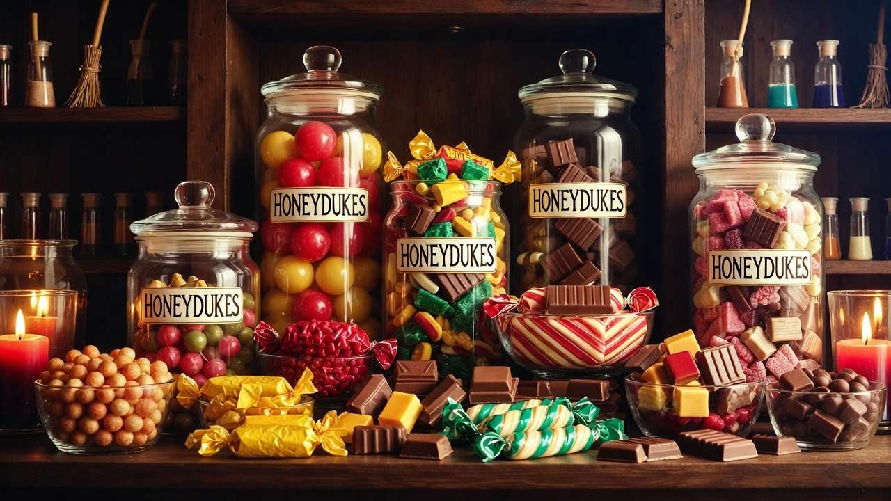 Honeydukes-inspired candy jars filled with colorful sweets on a cozy Harry Potter themed kitchen shelf