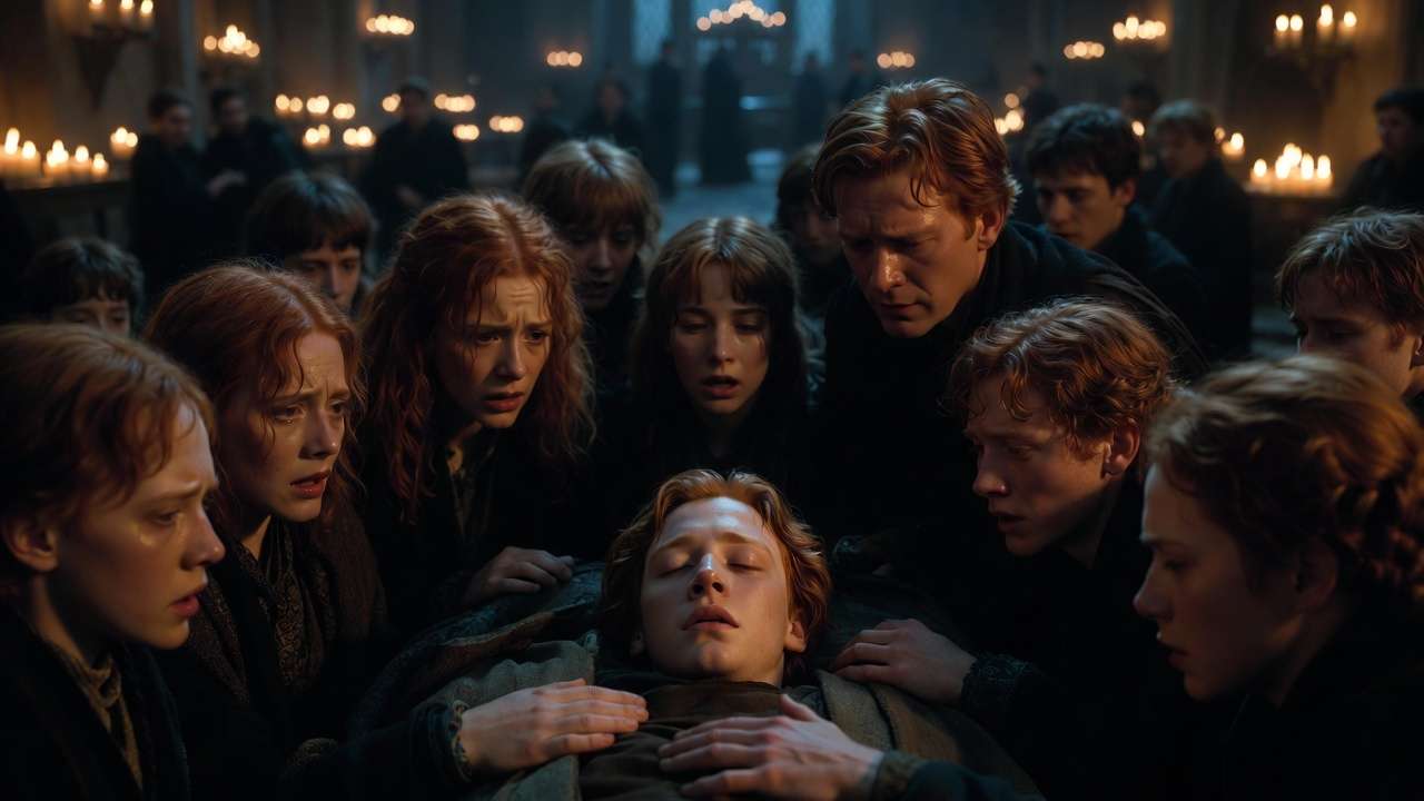 Weasley family mourning Fred’s death in the Great Hall after the Battle of Hogwarts