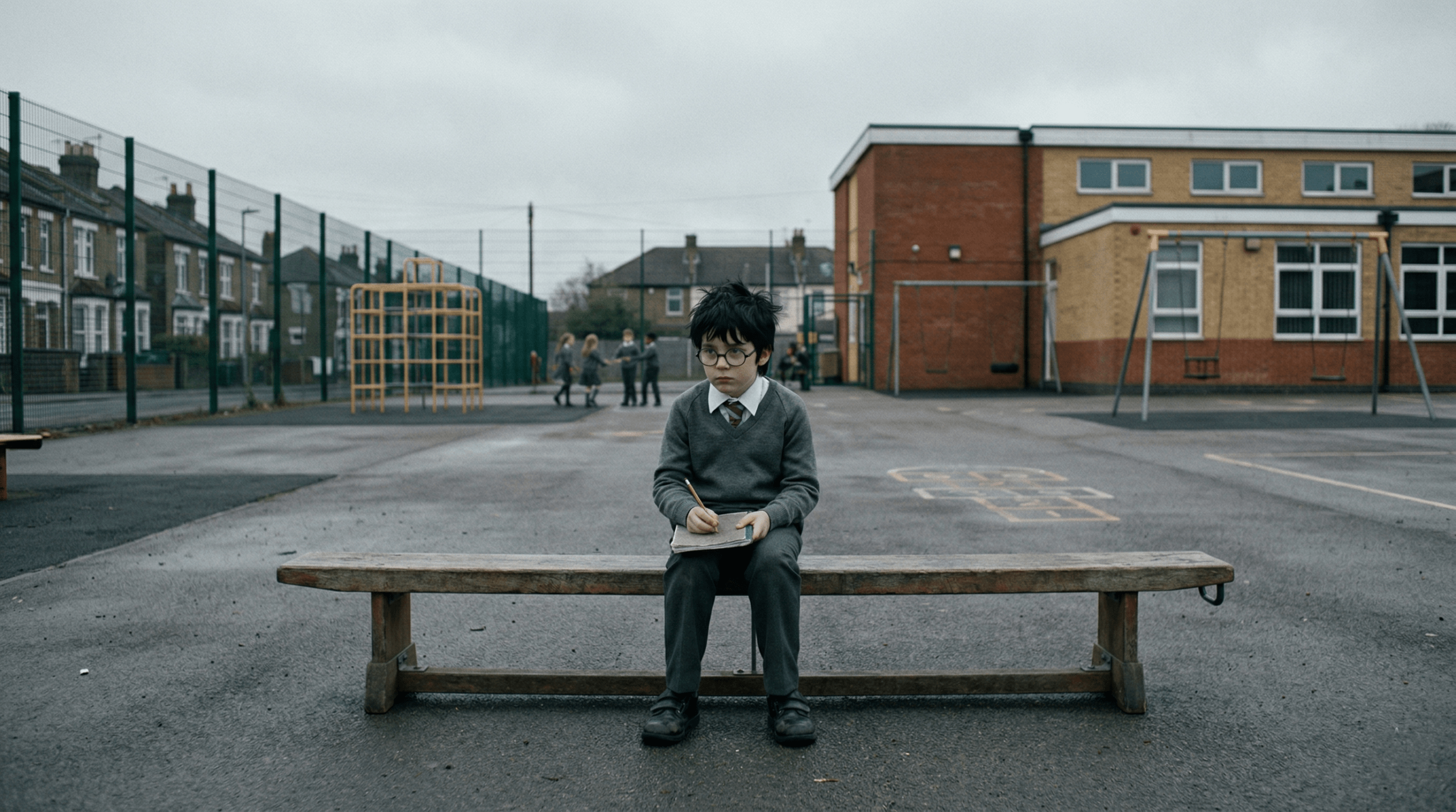 Young Harry Potter sitting alone in a mundane Muggle school playground.