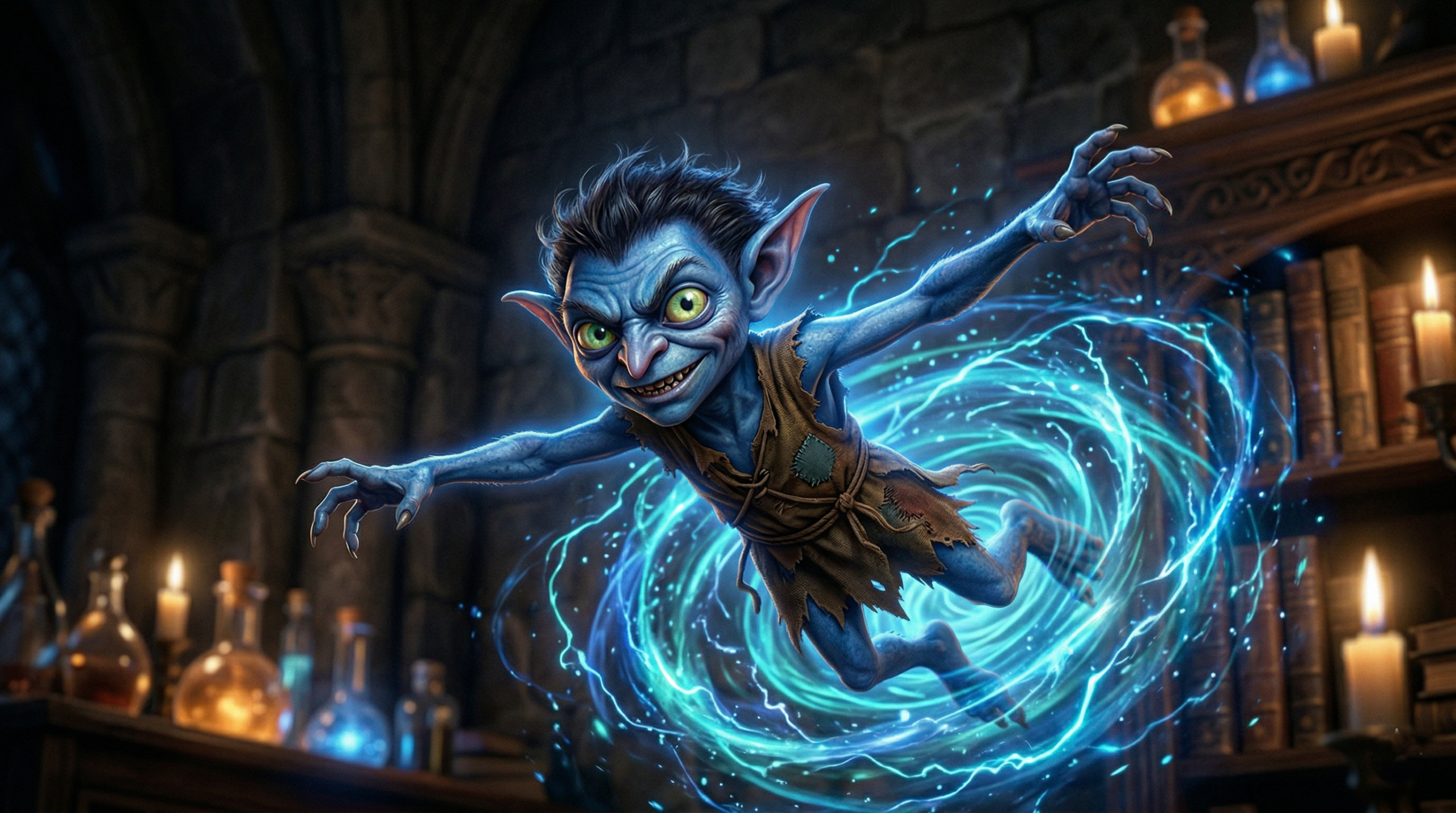 Cornish pixie in Harry Potter close-up showing electric blue color and mischievous expression