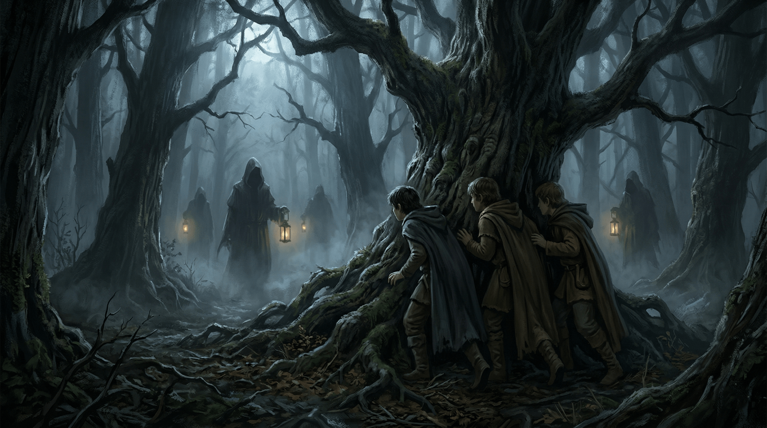 Fugitives hiding from Snatchers in a dark enchanted forest — Harry Potter Deathly Hallows persecution scene illustration