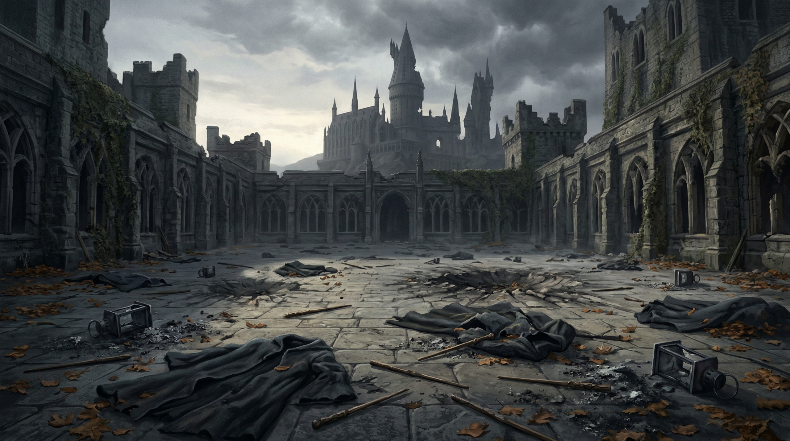 Aftermath of the Battle of Hogwarts with scattered dark cloaks and broken wands — representing the fall of Voldemort's Snatcher regime in Harry Potter