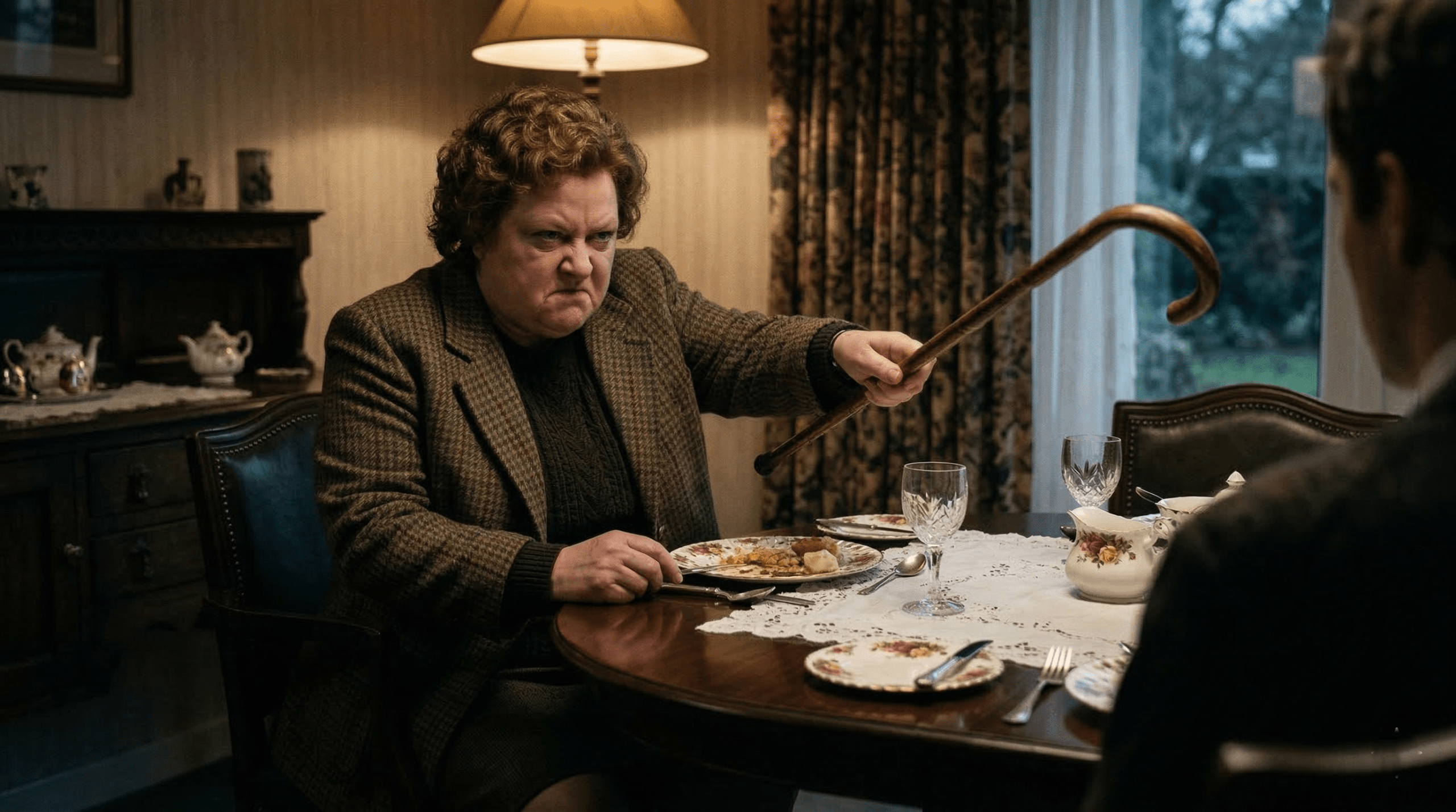 Marge Dursley threatening Harry with a walking stick during family dinner, Harry Potter abuse scene