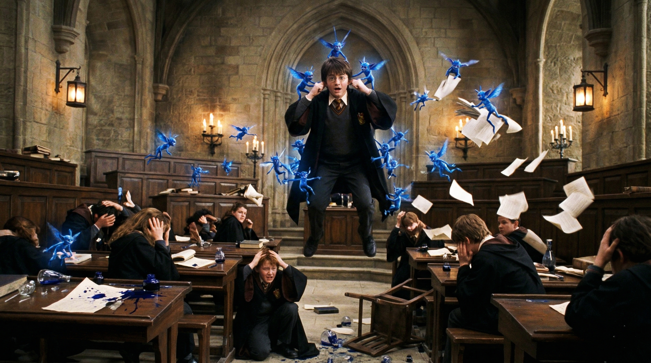 Iconic Cornish pixies scene in Harry Potter Chamber of Secrets classroom chaos