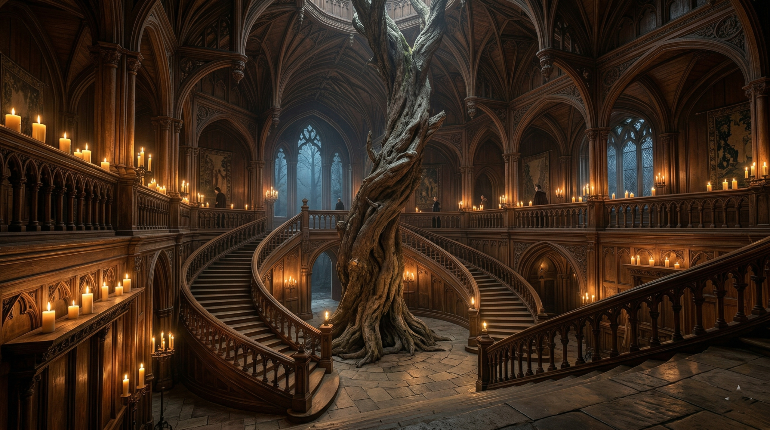 The redesigned Hogwarts entrance hall in the HBO series featuring wooden architecture and an internal tree.