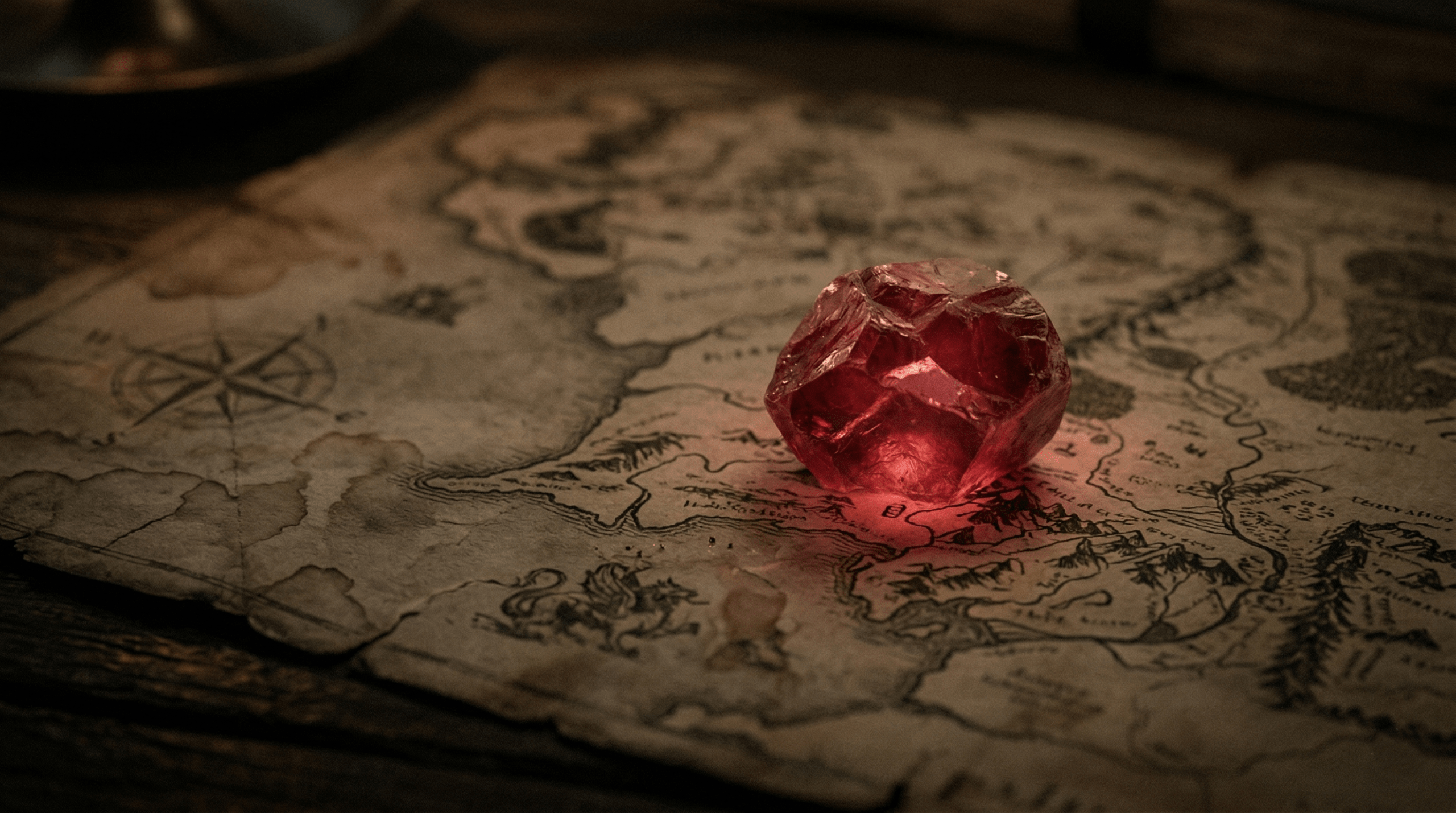 A glowing crimson Philosopher's Stone resting on an ancient magical map.