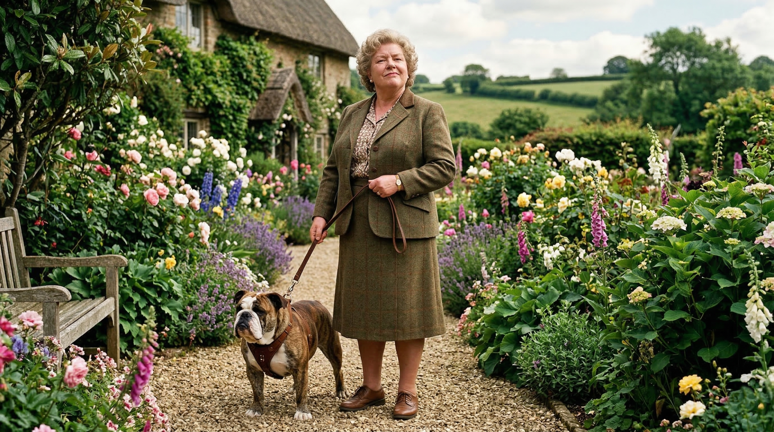 Marge Dursley standing with her bulldog in the countryside, Harry Potter character portrait
