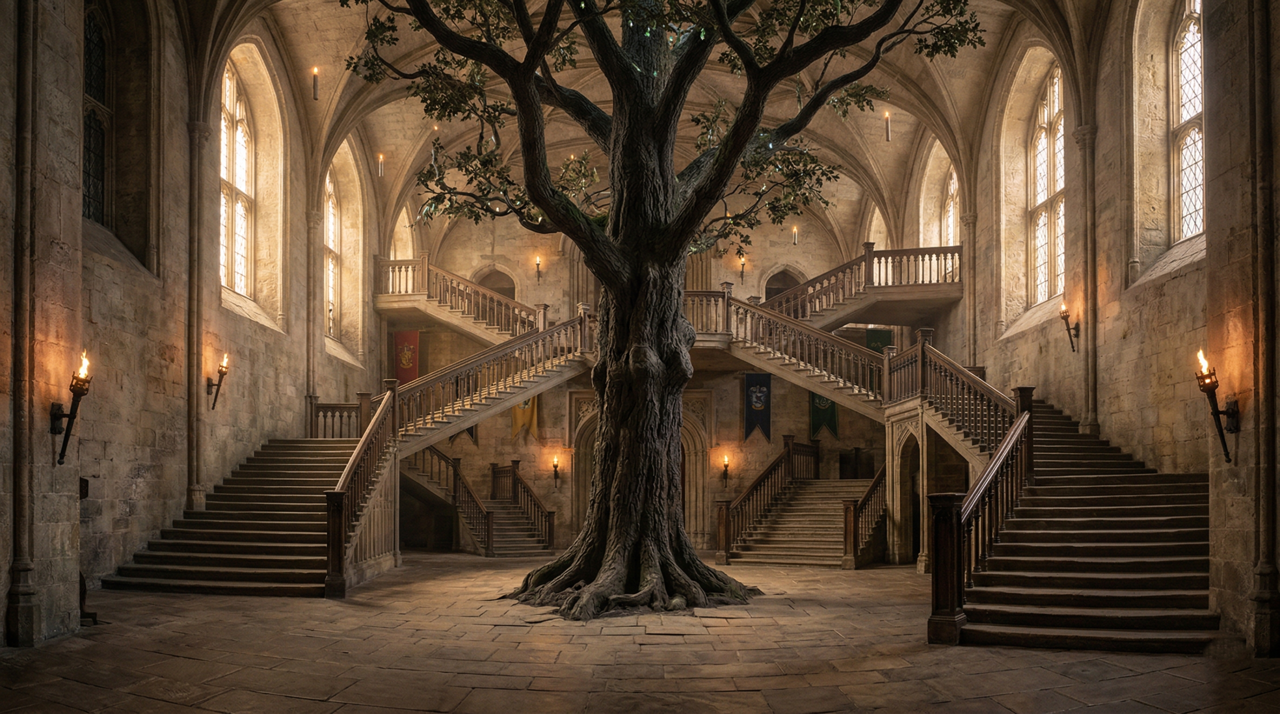 Hogwarts entrance hall with a tree growing through the floor and confusing, non-linear staircases.