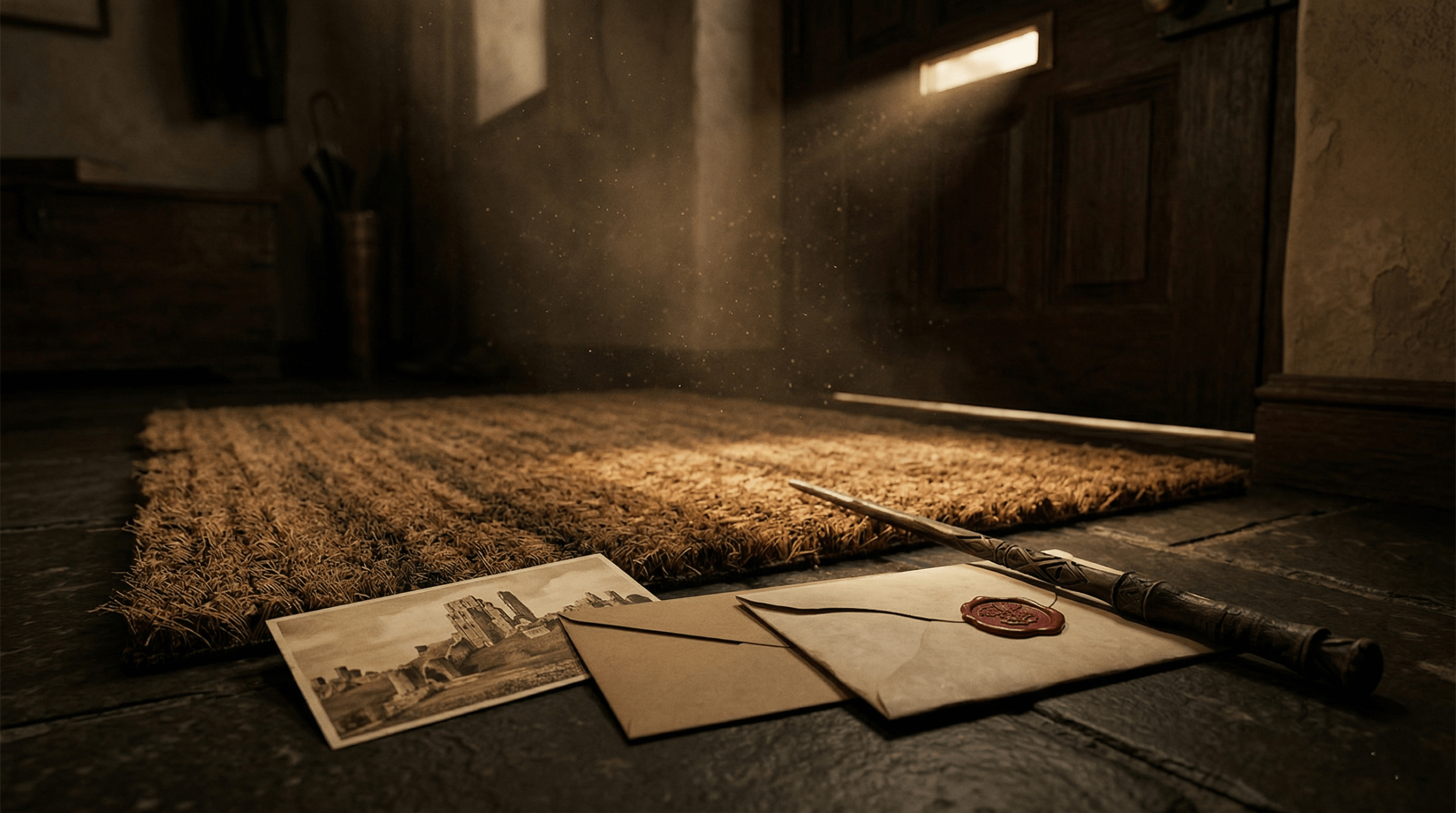 Three pieces of mail including a postcard, brown envelope, and Hogwarts letter sitting on the Dursleys' doormat in the HBO Harry Potter trailer.
