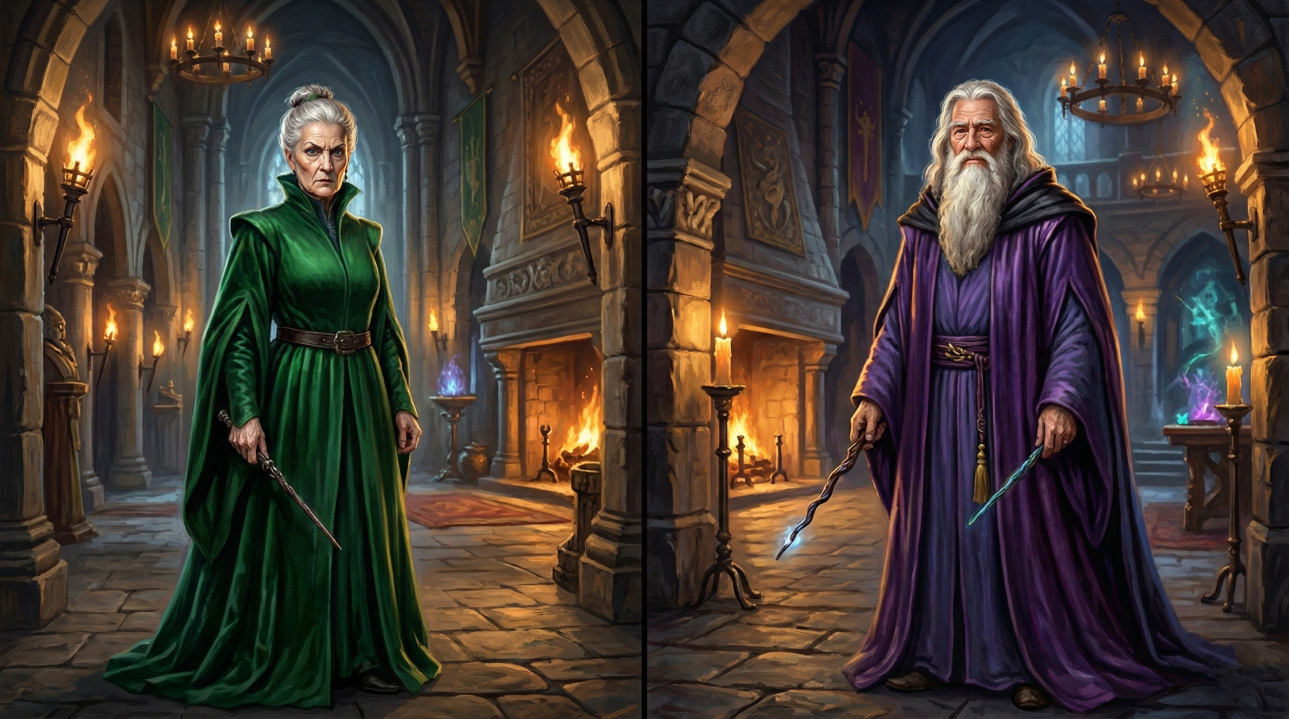 Professor McGonagall and Dumbledore side by side representing two contrasting styles of wisdom at Hogwarts