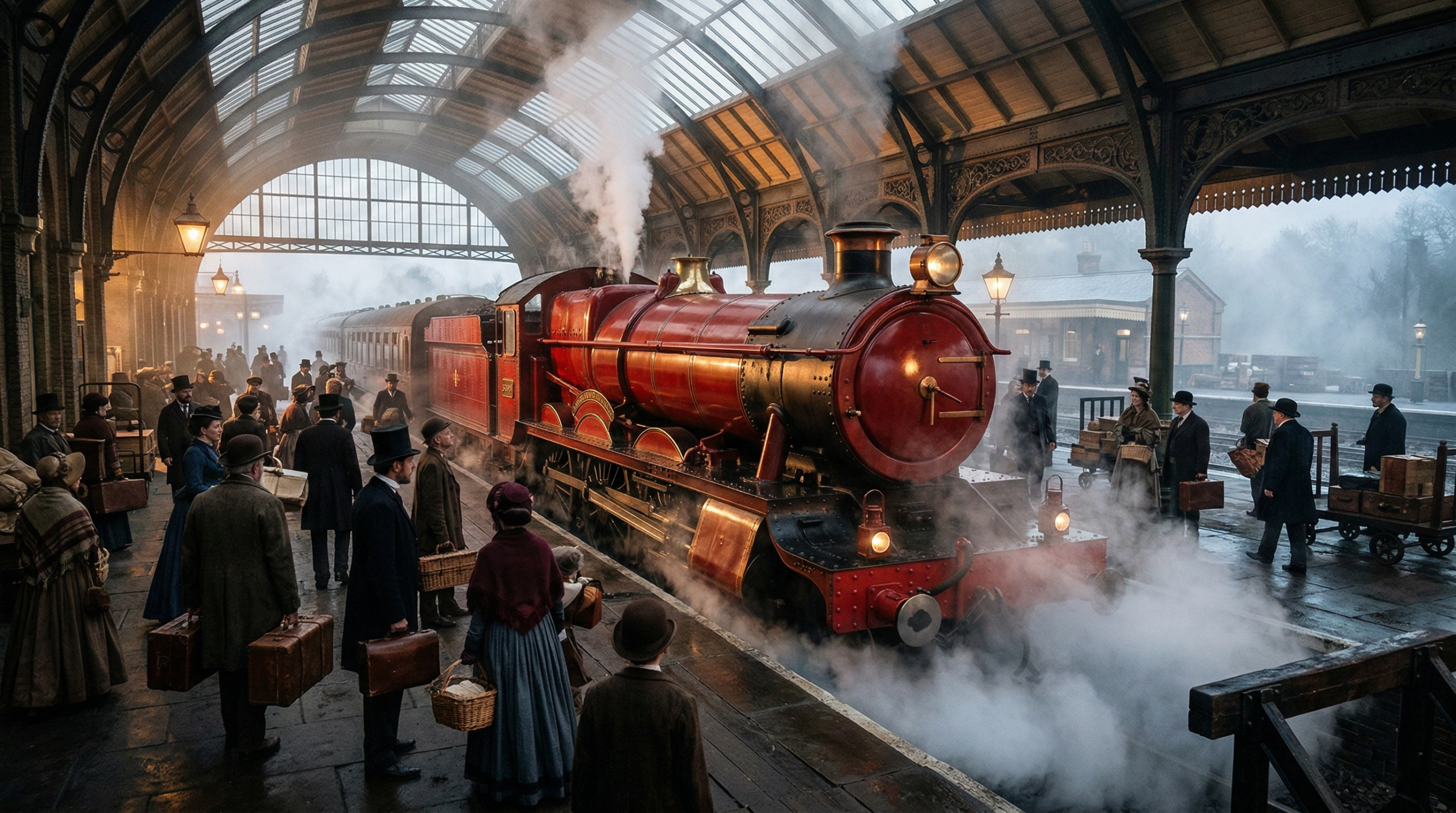 The scarlet Hogwarts Express steam engine parked at a misty train platform in the HBO Harry Potter television series.