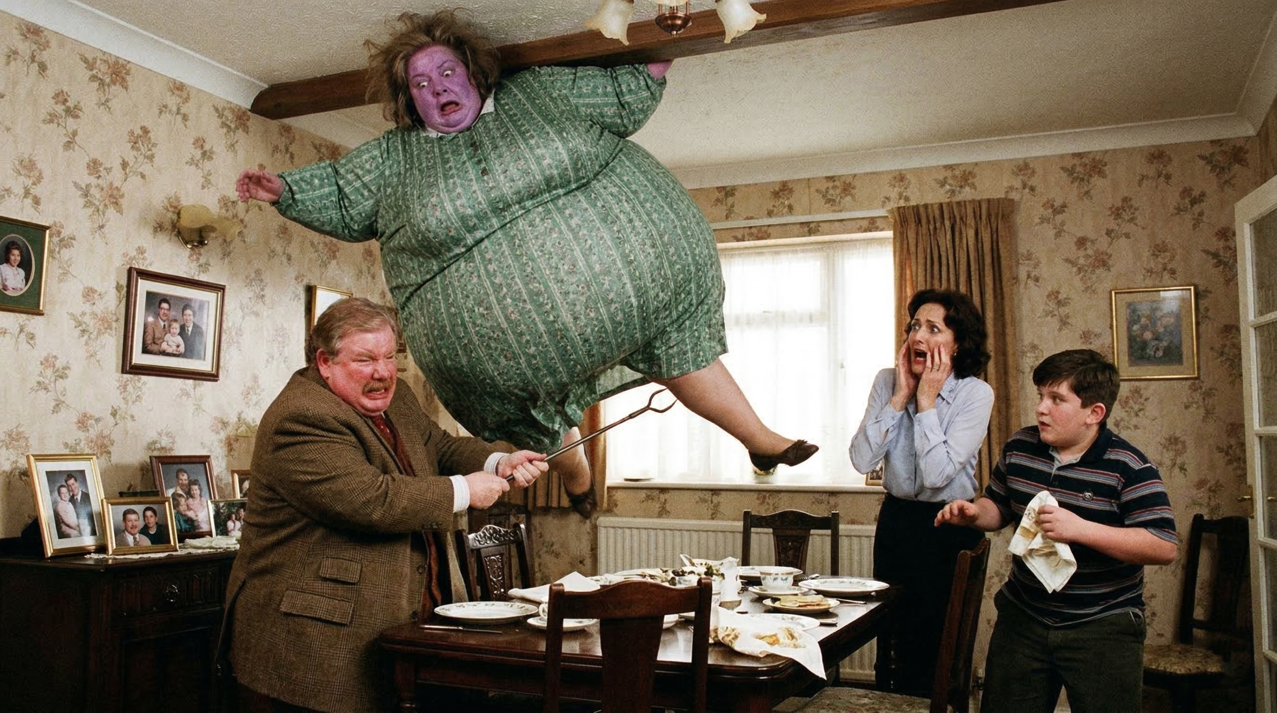 Marge Dursley floating against the ceiling after Harry's accidental magic, Harry Potter comic punishment scene