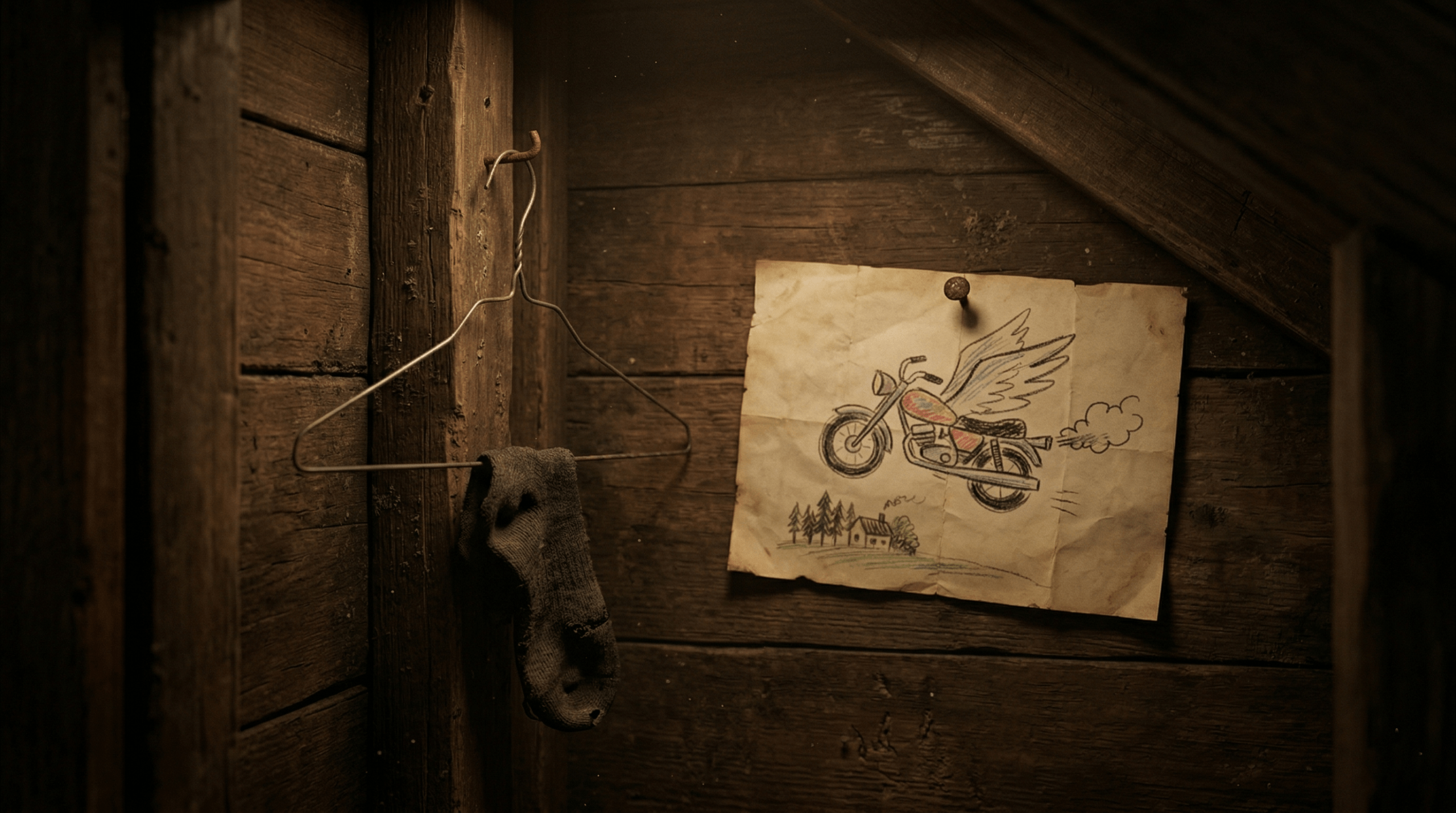 A child's drawing of a flying motorbike pinned to the wall inside Harry Potter's cupboard under the stairs.