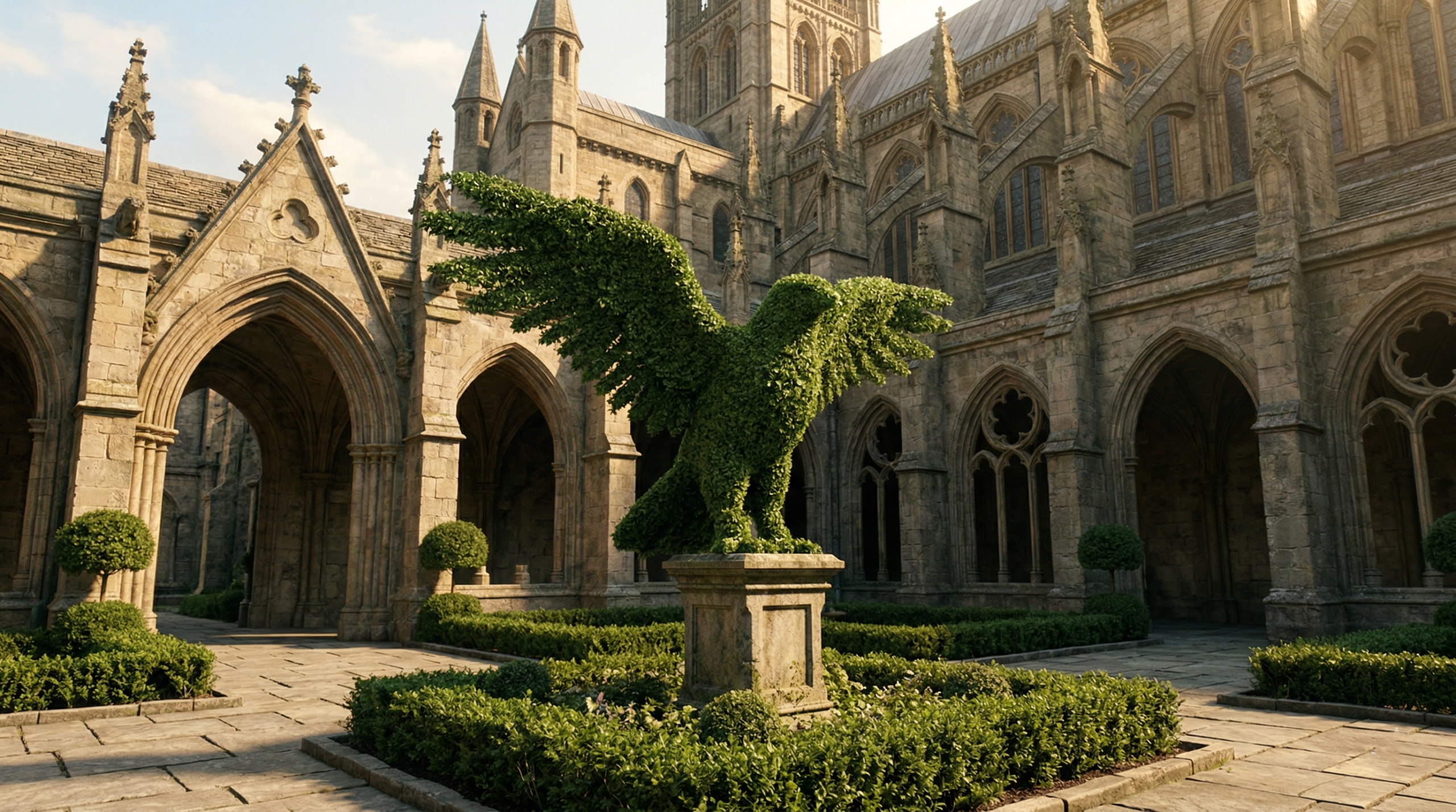 Book-accurate Ravenclaw eagle topiary hedge constructed in a Hogwarts castle courtyard set. 