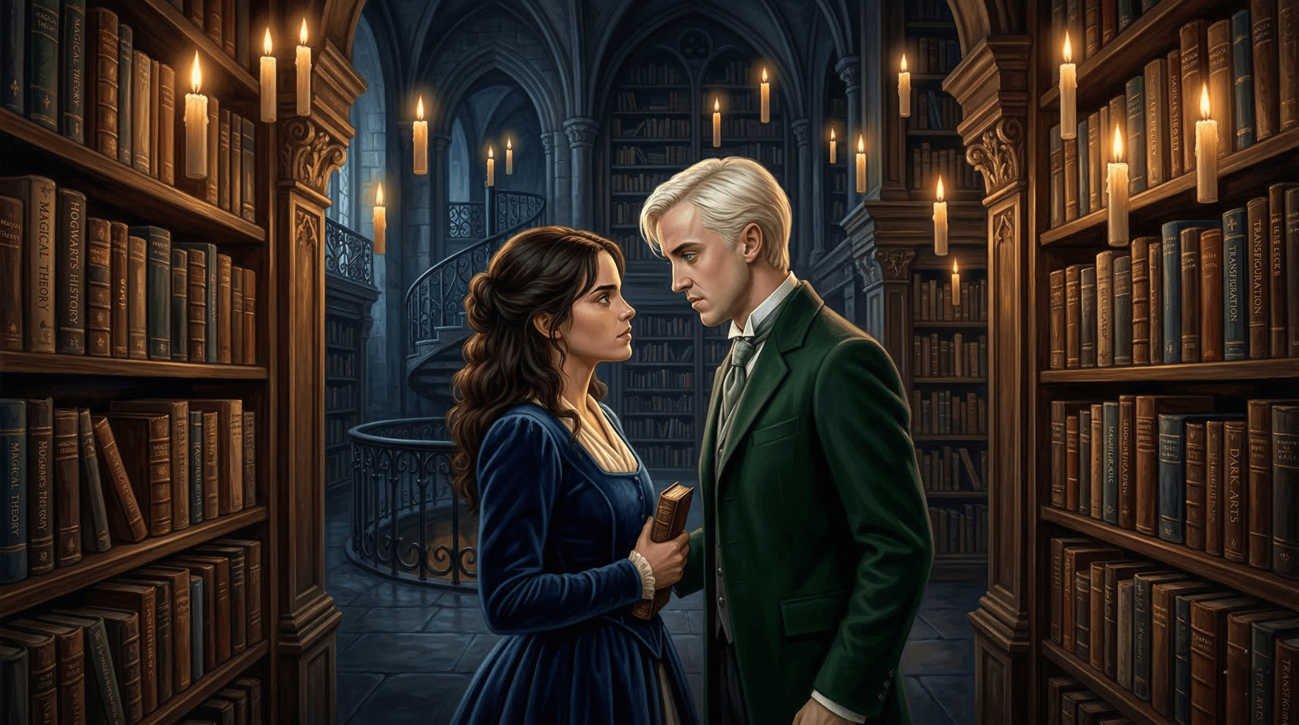 Draco Malfoy and Hermione Granger in a charged library encounter representing the Dramione fan-favorite pairing