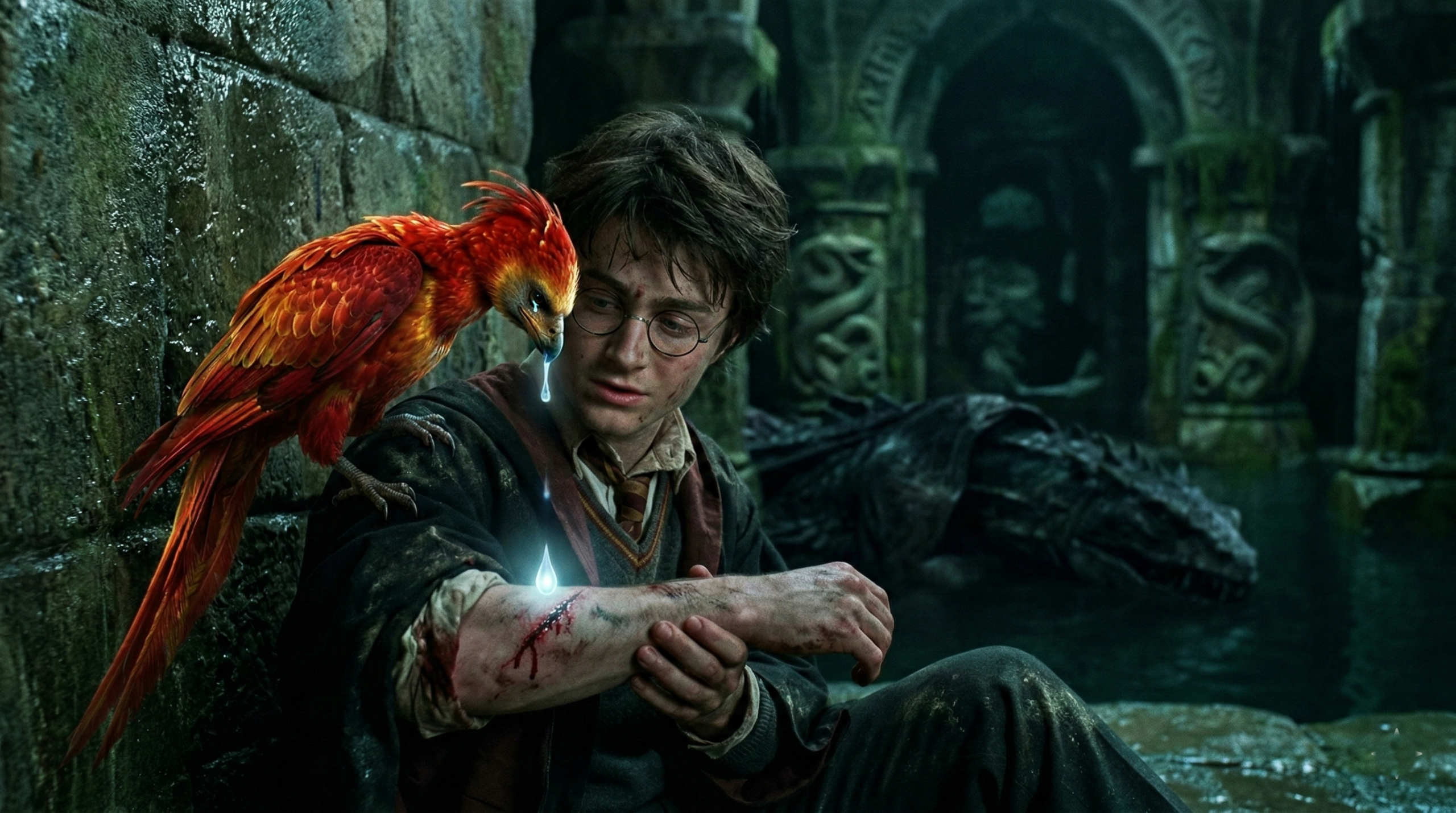 Fawkes the phoenix healing Harry Potter with tears in the Chamber of Secrets
