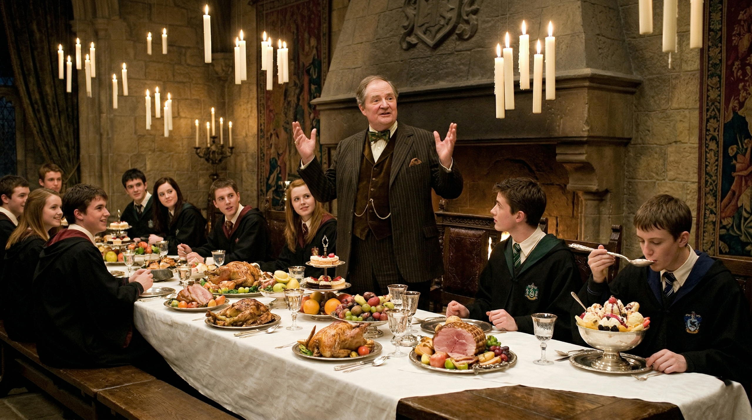 Marcus Belby eating ice cream at Slughorn's Slug Club dinner in Harry Potter film