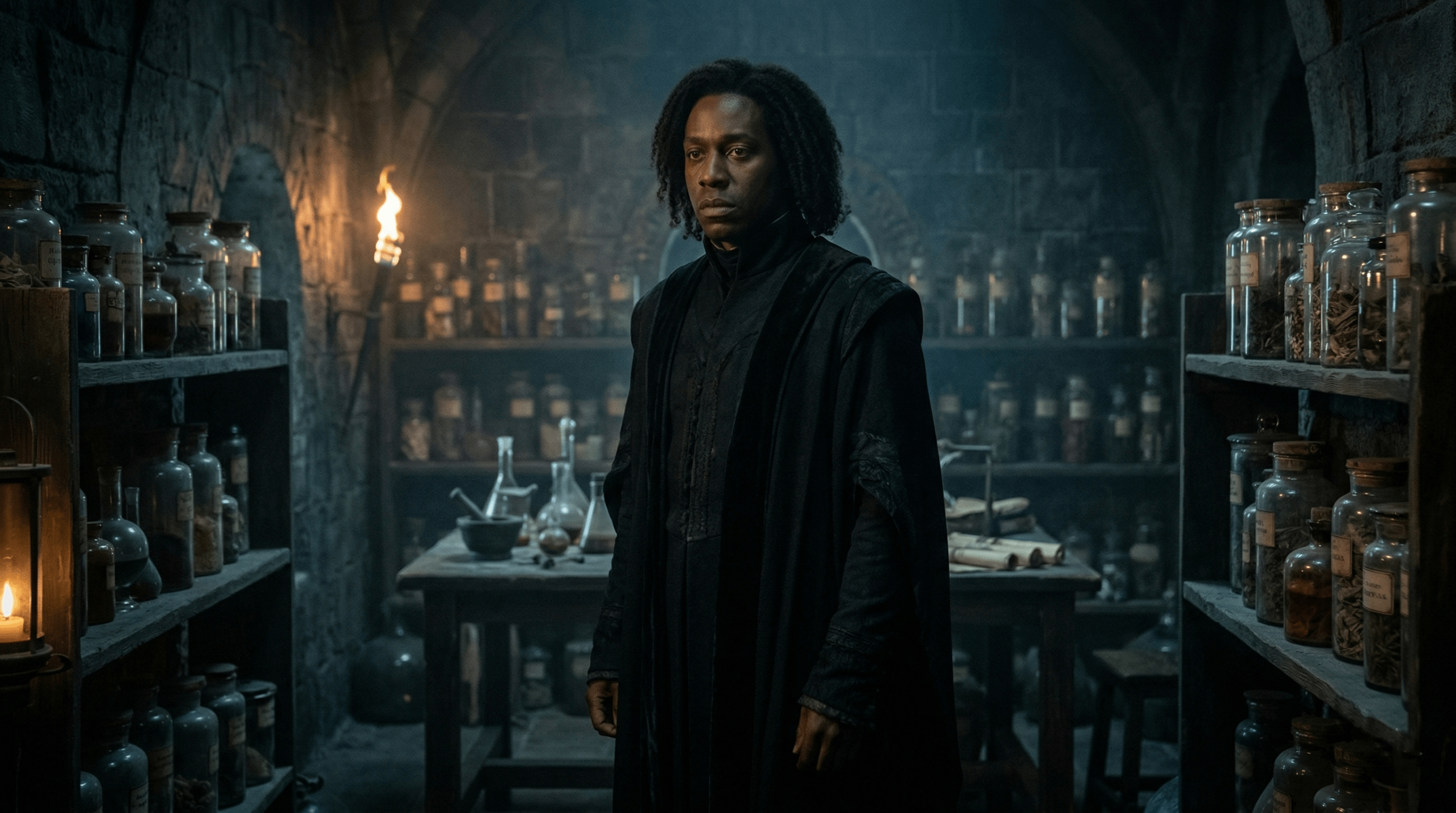 A young and intense Severus Snape in a dark potions classroom.